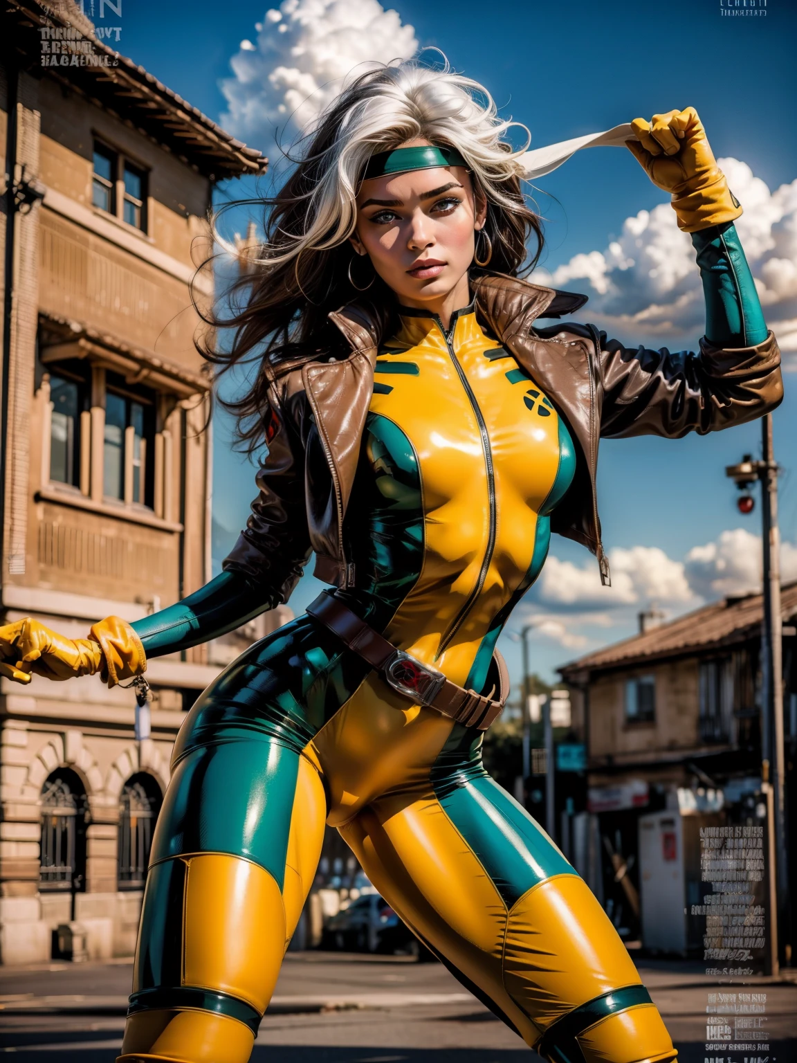 (((COMIC STYLE, CARTOON ART))), cinematic. 01 girl, solo, lonly, 19yo, A comic-style image of Rogue member of the X-Men in dynamic pose.  A woman with brown hair with a white streak, green eyes and special gloves.  She is flying in the sky, with clouds in the background.  She wears her traditional attire with a brown leather jacket.(((Slim Hot body, sexy, sensual, camel toes ))), (((Camel Toes))). Detailed, detailed face, intricate, glowing. Cinematic background.