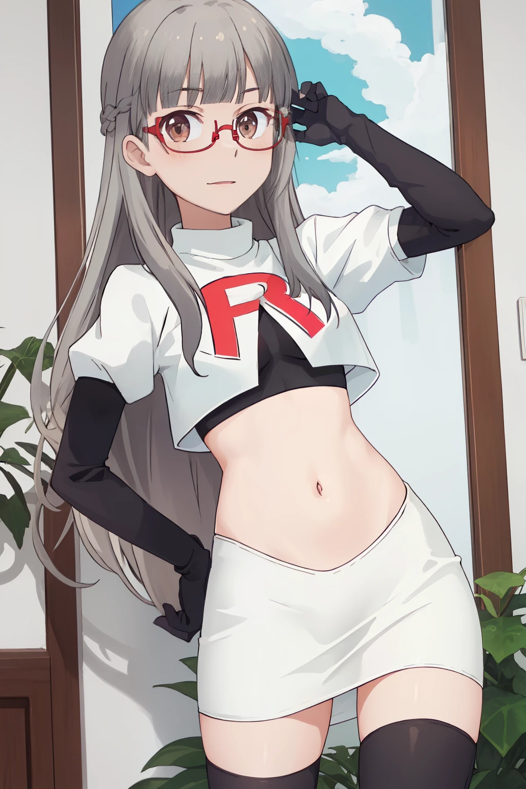 best quality, masterpiece, highres, solo, {hazuki_shizuku_newgame:1.15}, glasses, long_hair, red-framed_eyewear, grey_hair, bangs, semi-rimless_eyewear, under-rim_eyewear, brown_eyes, blunt_bangs, team rocket,team rocket uniform,white skirt,red letter R,crop top,black thigh-highs,black elbow gloves