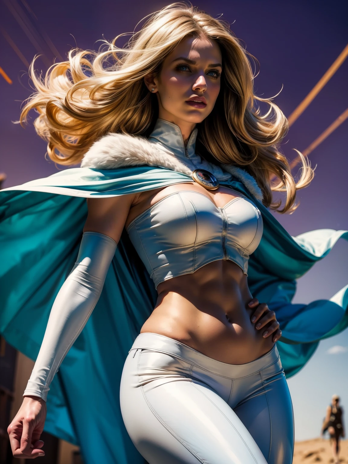 Cinematic. (((A comic style, cartoon art))). Emma Frost Posing for photo (((in epic heroic pose))) , wearing his iconic X-Men uniform, Showing the belly,  , ((Wearing white pants and cape)) . (((Hot Body, camel toes))). ((((Abstract Comic background )))) , vivid colors, detailed, detailed face, realistic shadows and bright, glowing.