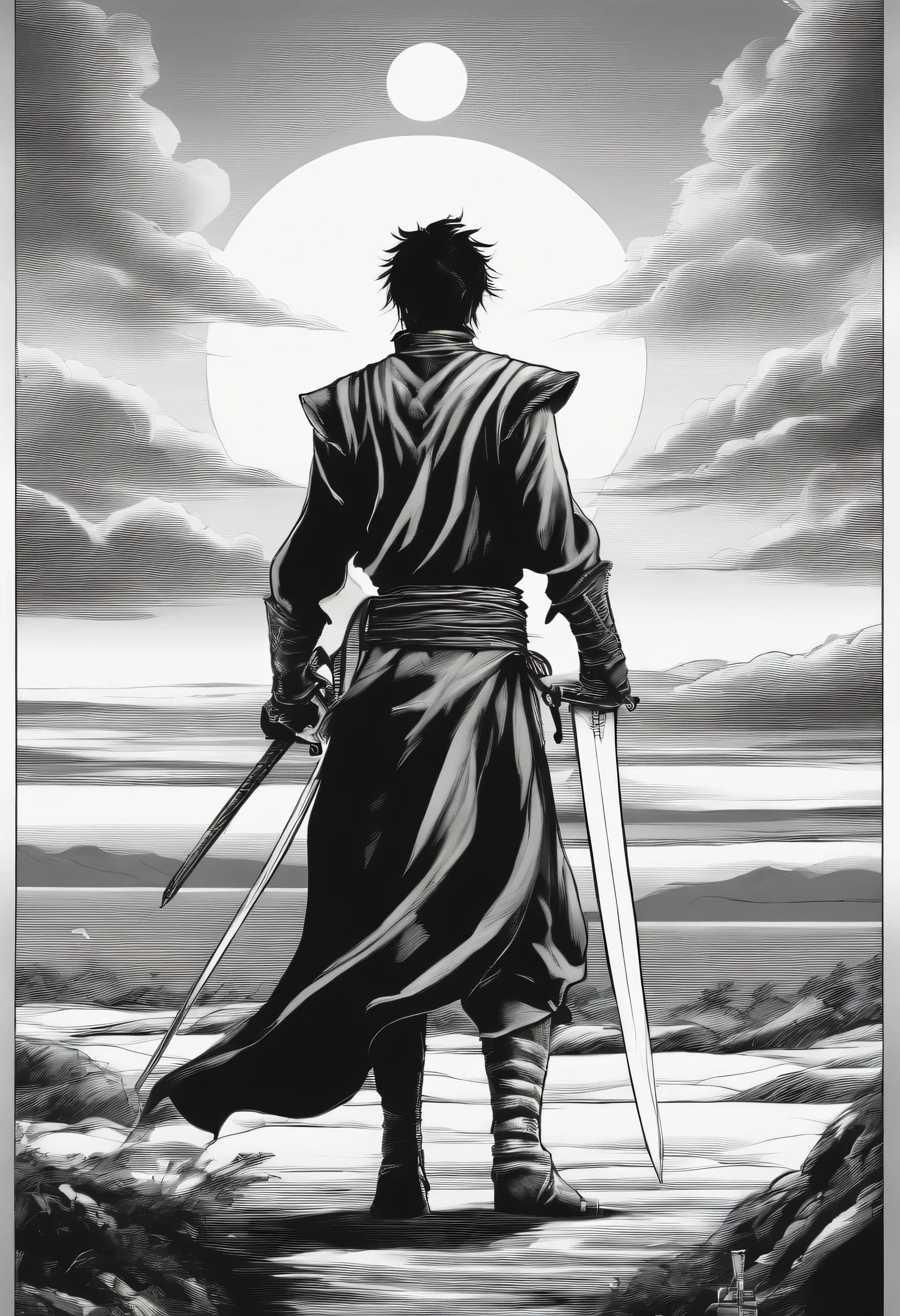 um espadachim, from behind, Preto e branco, kentaro miura manga art style, kentaro miura manga style, Manga style by Kentaro Miura, escute, NO, Furio Tetesschi, manga art