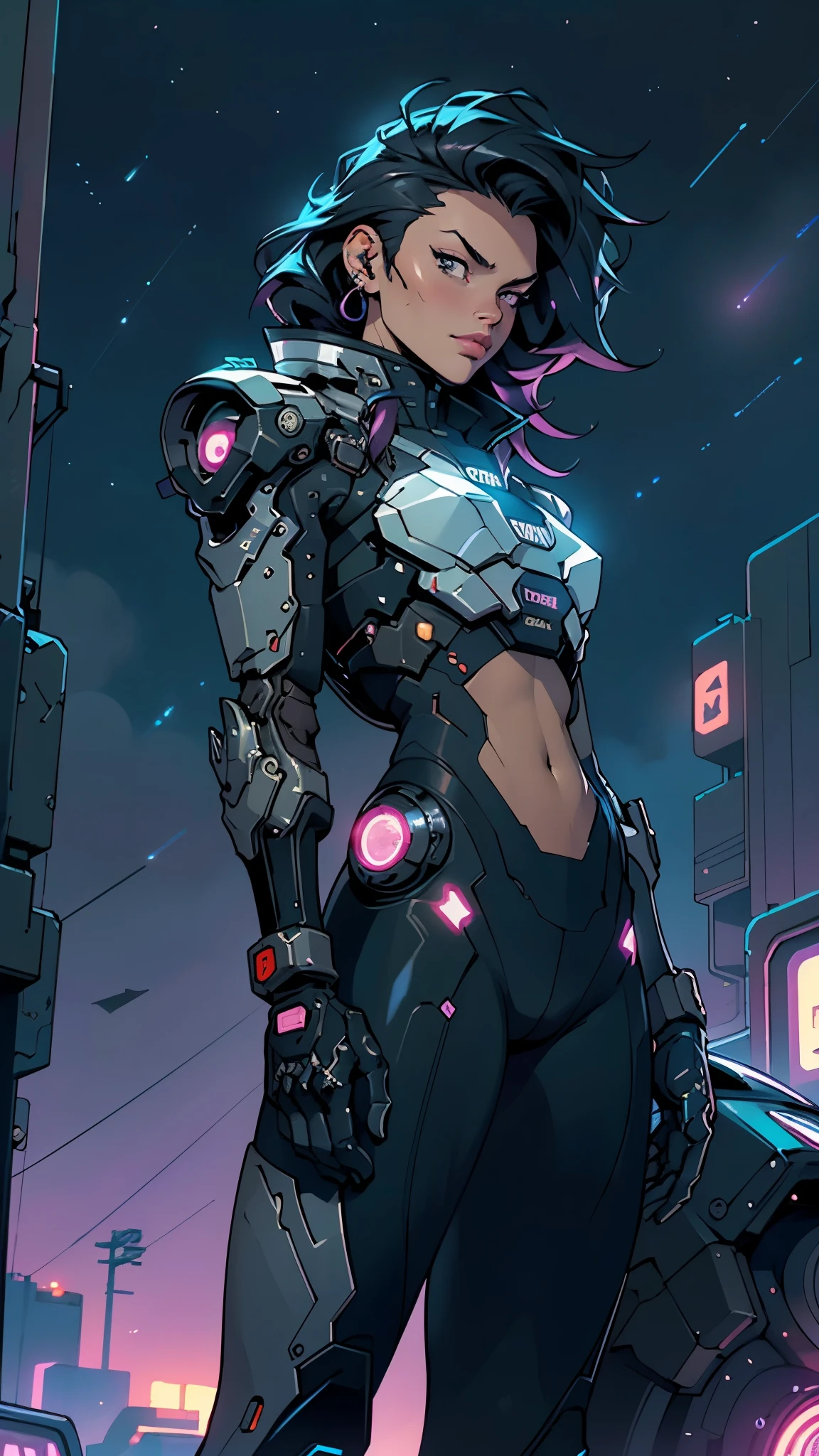 Robot Skull, armored, stealth, Character design, Highly detailed, Intricate details,Mechanical wonder, Cyberpunk, Cybernetic Guardian,male form,skull head,
(dynamic pose:1.0),solo focus,(centered,scale to fit dimensions,Rule of thirds),
cyberpunk city by the ocean at night, with bright neon signs and dark stormy clouds and puddles, scenery:1.25,nighttime, starry night, cosmos,Very dark night that makes the neon lights stand out, very bright neon lights,nighttime, starry night, cosmos,
highres, sharp focus, (ultra detailed, extremely detailed), (photorealistic artwork:1.37),(extremely detailed CG unity 8k wallpaper),((synthwave background theme)),(((vibrant colors))),(intricate background),(masterpiece),(best quality),