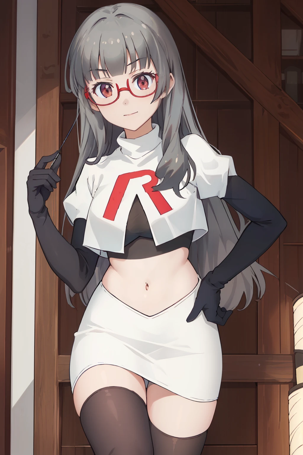 best quality, masterpiece, highres, solo, {hazuki_shizuku_newgame:1.15}, glasses, long_hair, red-framed_eyewear, grey_hair, bangs, semi-rimless_eyewear, under-rim_eyewear, brown_eyes, blunt_bangs, team rocket,team rocket uniform,white skirt,red letter R,crop top,black thigh-highs,black elbow gloves