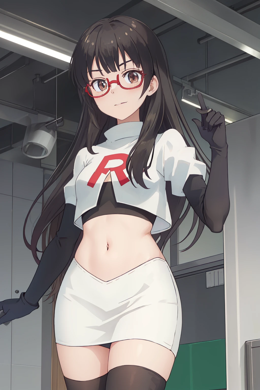 best quality, masterpiece, highres, solo, {hazuki_shizuku_newgame:1.15}, glasses, long_hair, red-framed_eyewear, grey_hair, bangs, semi-rimless_eyewear, under-rim_eyewear, brown_eyes, blunt_bangs, team rocket,team rocket uniform,white skirt,red letter R,crop top,black thigh-highs,black elbow gloves