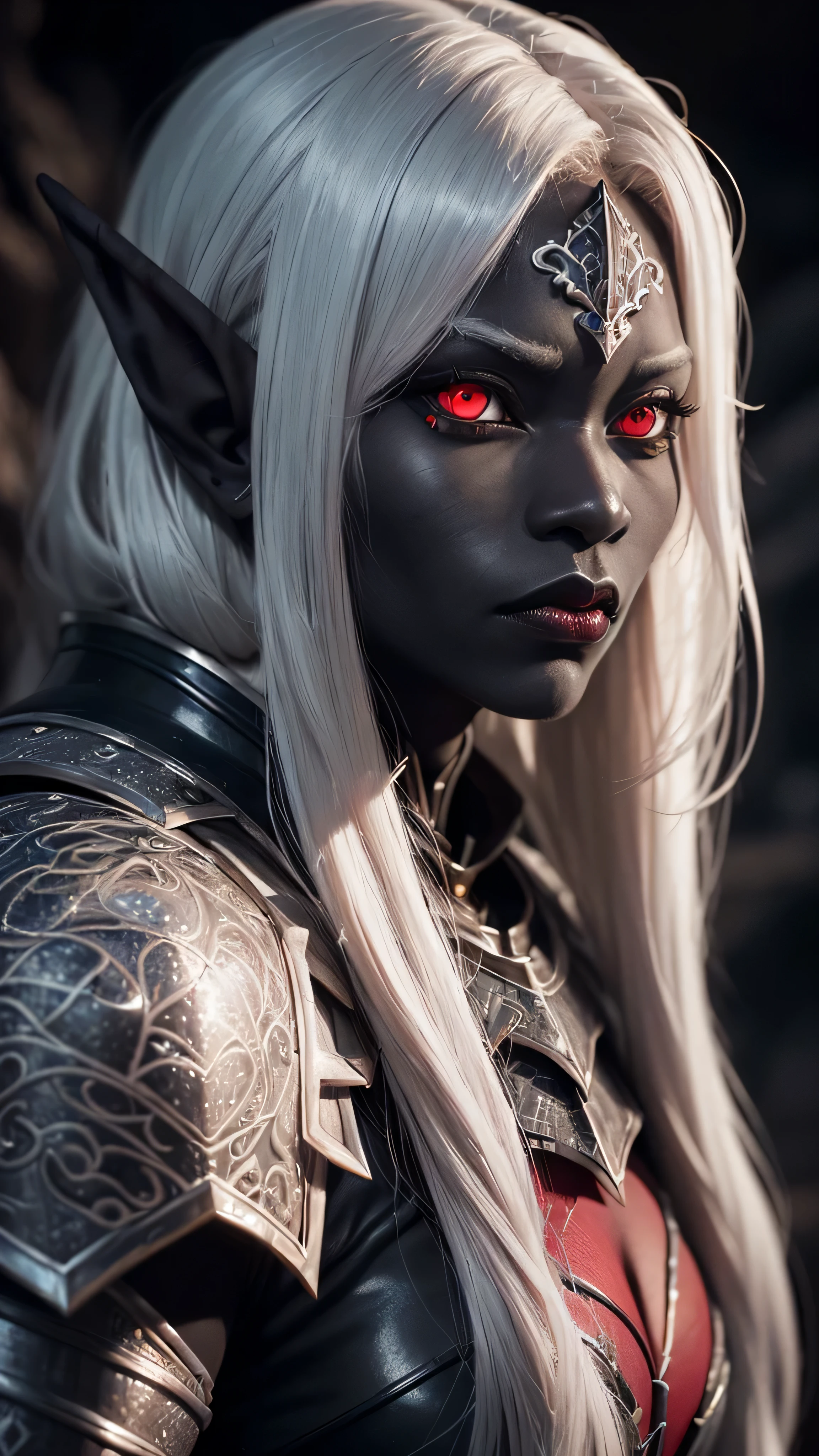 ((best quality: 1.5)) ((masterpiece: 0.8)), intricate details, sharp focus, professional, real life, realistic representation of the face, dim lighting, flickering shadow, side view: 1.5, dynamic pose, in the style of realistic and hyper detailed renderings BREAK ((((detailed 30year ((graphite skin drow elf , blackout gothic eye makeup, cavern, lacquered black knight armor, gold filigree breastplate, red lips, weak chin, exotic, muscular, (glowing white eyes))))), long white hair), freckles: 1.3), photorealistic, hyper-realistic, 8K