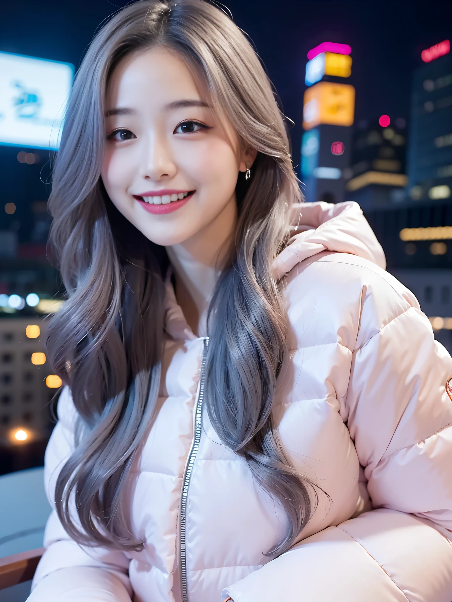 realistic, High resolution, 1 female, glowing skin, alone, wide lips,long hair,wavy hair,saggy breasts,small face,Gray color hair,Color Contacts,White down jacket,Osaka cityscape,Pink lip,smile