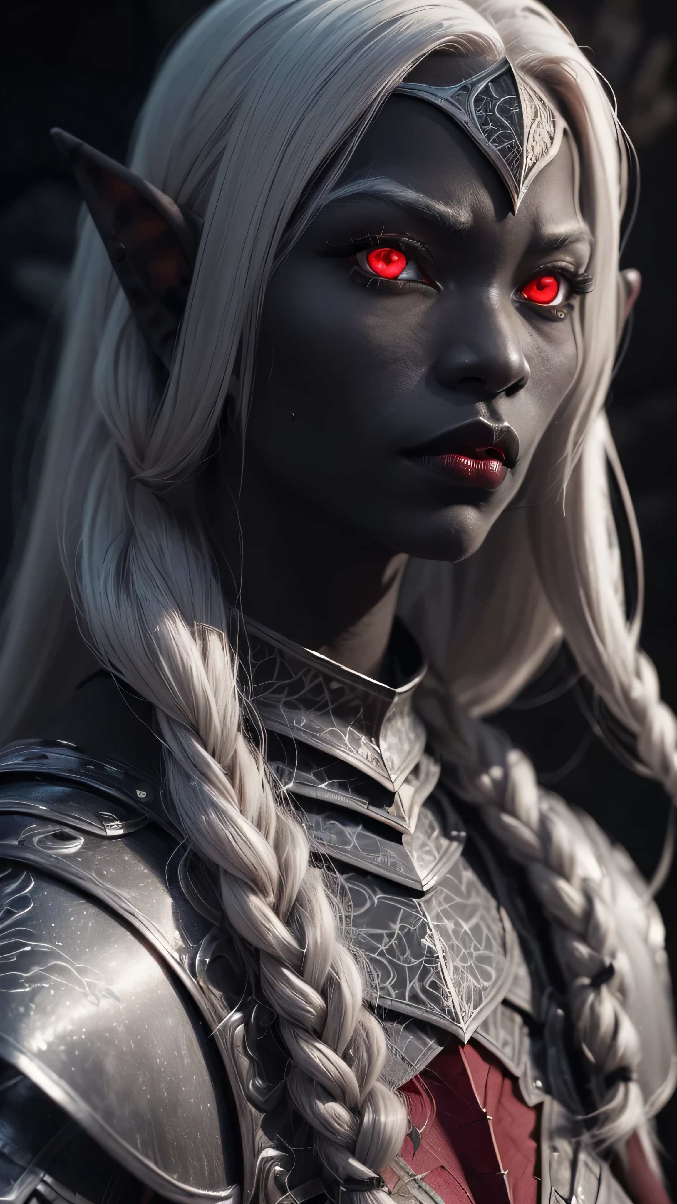 ((best quality: 1.5)) ((masterpiece: 0.8)), intricate details, sharp focus, professional, real life, realistic representation of the face, dim lighting, flickering shadow, side view: 1.5, dynamic pose, in the style of realistic and hyper detailed renderings BREAK ((((detailed 30year ((graphite skin drow elf , blackout gothic eye makeup, cavern, lacquered black knight armor, gold filigree breastplate, red lips, weak chin, exotic, muscular, (glowing white eyes))))), long white hair), freckles: 1.3), photorealistic, hyper-realistic, 8K