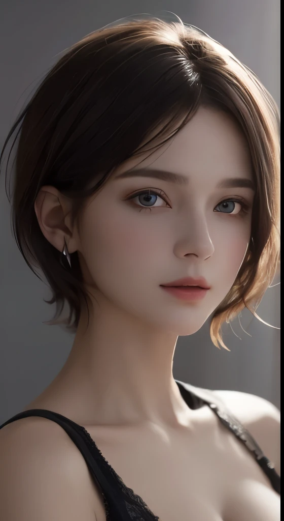 cinematic lighting、perfection、soft light、High resolution skin:1.2、realistic skin texture、30 year old mature woman、small face、no makeup、A well-formed and beautiful face、short hair、dark brown hair、messy hair、Detailed beautiful eyes、Bust B Cup、、cool pose、Feeling sexy、gray background、