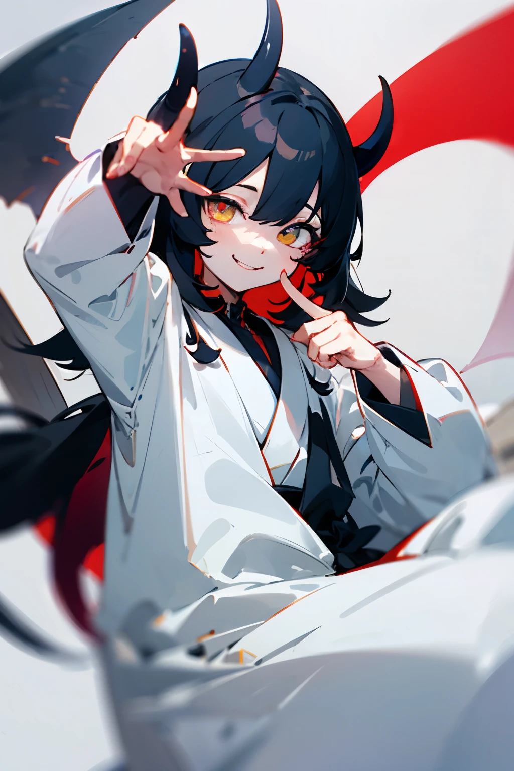 black hair，Drooping eyes，Marume，cute，White base，1 person，devil，A dangerous smile，Eye color is white
