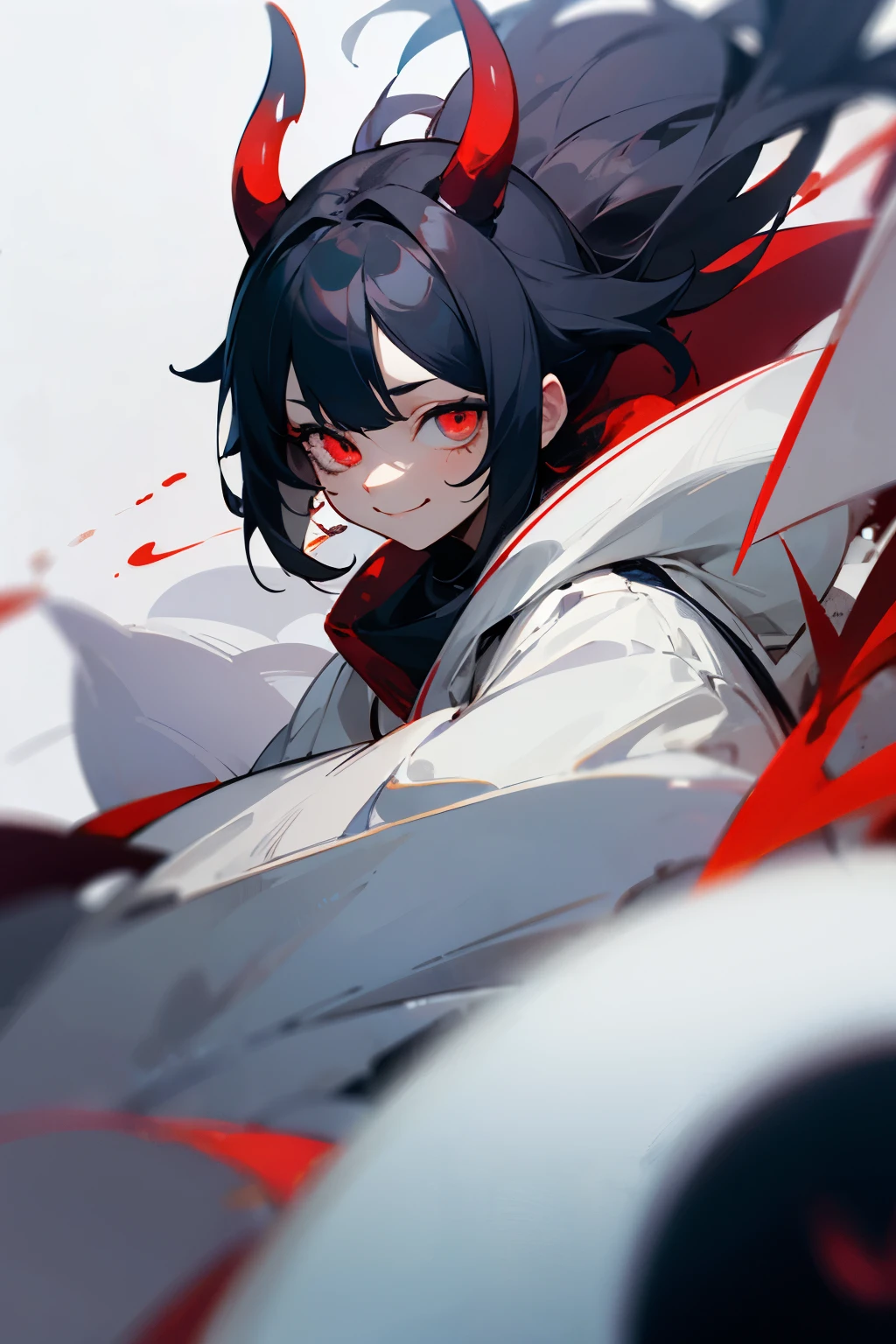 black hair,Drooping eyes,Marume,cute,White base,1 person,devil,A dangerous smile,Eye color is white