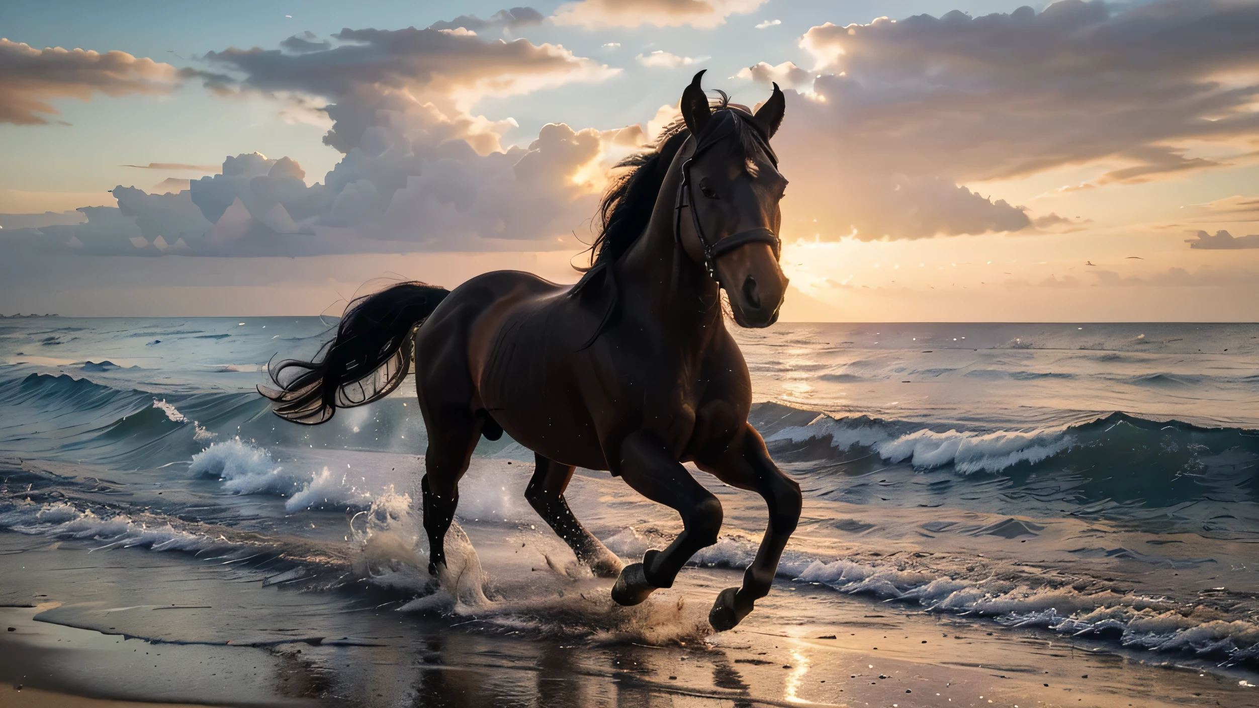 (melhor qualidade, 4k, alto, obra de arte), ultra-detalhado, (realista, fotorrealista, fotorrealista: 1.37), wild black horse running very fast on the beach near the sea waves, Panoramic side view, tiro de grande alcance, crystal clear waters with sunset sky, sunset light, sem pessoas no local