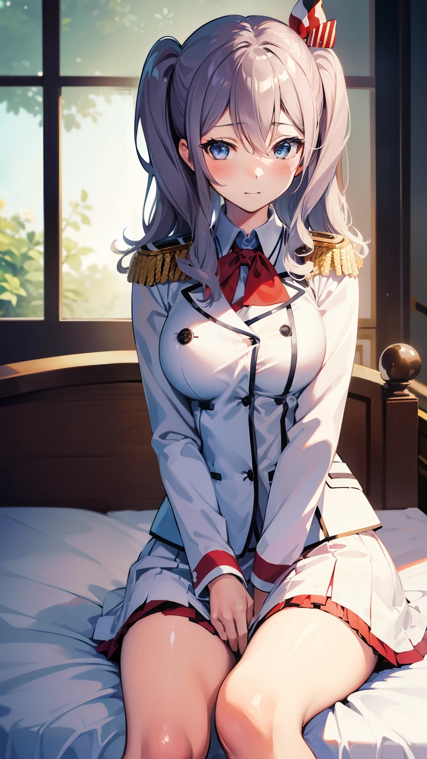 kashima（kancolle）,on bed,sitting,blue eyes