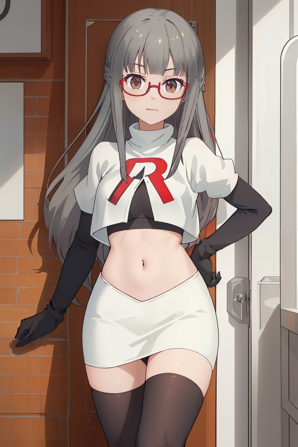 best quality, masterpiece, highres, solo, {hazuki_shizuku_newgame:1.15}, glasses, long_hair, red-framed_eyewear, grey_hair, bangs, semi-rimless_eyewear, under-rim_eyewear, brown_eyes, blunt_bangs, team rocket,team rocket uniform,white skirt,red letter R,crop top,black thigh-highs,black elbow gloves