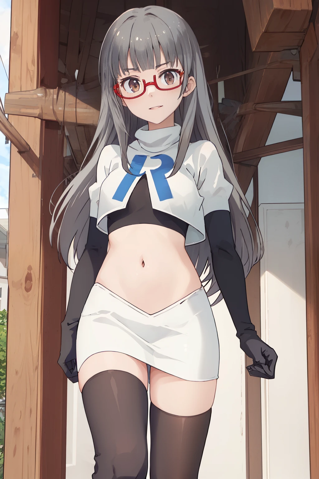 best quality, masterpiece, highres, solo, {hazuki_shizuku_newgame:1.15}, glasses, long_hair, red-framed_eyewear, grey_hair, bangs, semi-rimless_eyewear, under-rim_eyewear, brown_eyes, blunt_bangs, team rocket,team rocket uniform,white skirt,red letter R,crop top,black thigh-highs,black elbow gloves