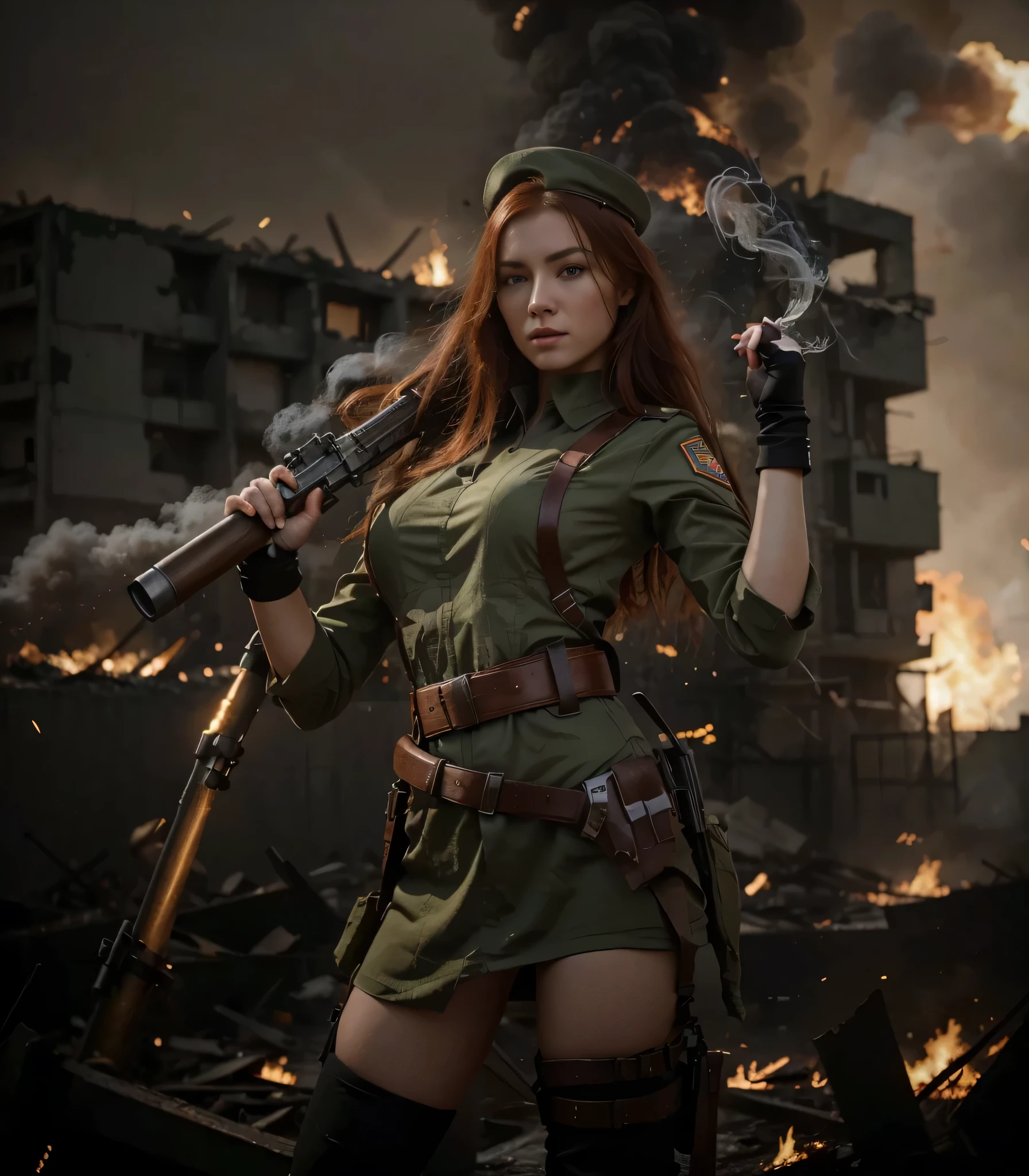 mujer hermosa, Russian features, sensual expression, piel blanca, pelo rojo natural, delgado, He wears a greenish-gray Soviet-style military uniform.., Gorra militar, belt with holster and ammunition, Arneses, sostiene un lanzacohetes, is in a destroyed asian city, Fuego y mucho humo, ultra detallado, hyper Realista, 4k, ultra detallado image, Realista, Muy detallado, perfect composition, gorgeous, Intrincadamente detallado, incredibly detailed, 8 k artistic photography, hiper detallado, obra maestra, ultra detallado, hyper Realista, 4k, ultra detallado image, Realista, muy detallado, perfect composition, gorgeous, Intrincadamente detallado, incredibly detailed, 8 k artistic photography, hiper detallado, obra maestra