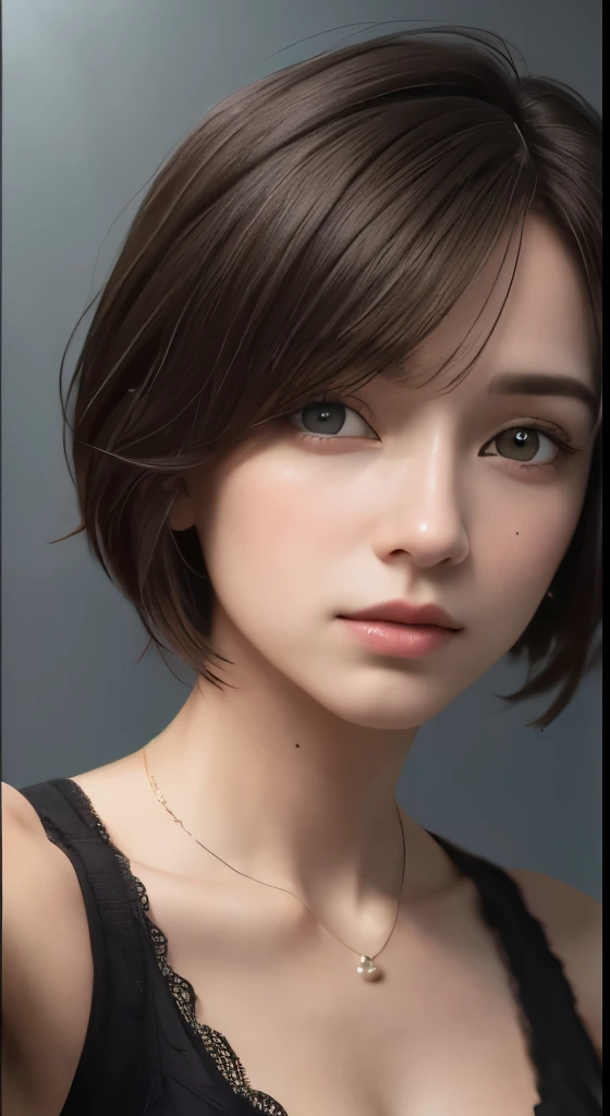8k、highest quality、masterpiece、ultra high resolution、(realism:1.4)、original photo、(realistic skin texture:1.3)、(film grain:1.3)、(selfie angle)、30 year old mature woman、small face、no makeup、A well-formed and beautiful face、short hair、dark brown hair、Detailed beautiful eyes、Bust B Cup、exposed cleavage、、cool pose、gray background、
