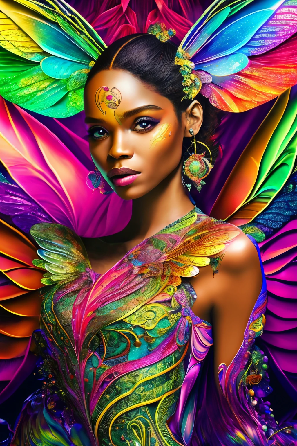 In a surreal setting, a dragonfly with iridescent wings flutters around a whole body figure, depicted in a hyperdetailed style. The eyes are ultra detailed, with glowing orbs reflecting intricate patterns, giving an otherworldly allure. The tee-shirt design on the figure is a line art masterpiece, intricately drawn and full of vibrant colors.

The face is a stunningly detailed and gorgeous work of art, with natural skin textures that seem to come alive under the ultra high definition lens. A water splash adorns the left side of the face, creating a color splash art effect that adds to the dreamy, glamourous atmosphere.
