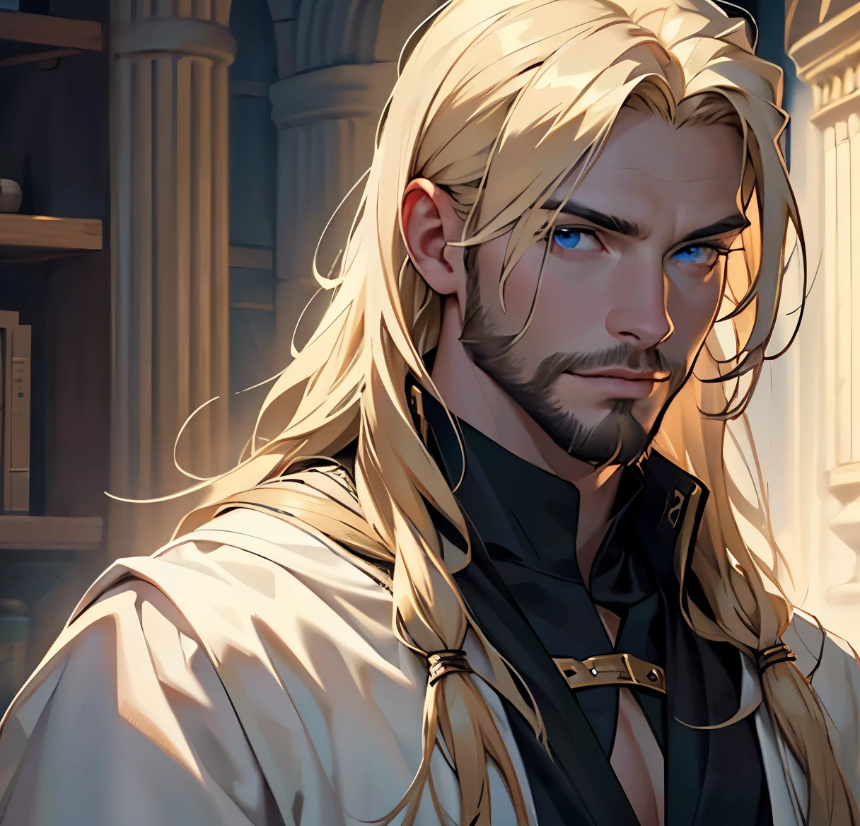 (realistic:1.37,best quality,4k,8k,highres,masterpiece:1.2),ultra-detailed, masculine, a young man with pale skin, blonde and blue eyes, dressed in a medieval vampire outfit with straight hair. The man has a beard on his face.