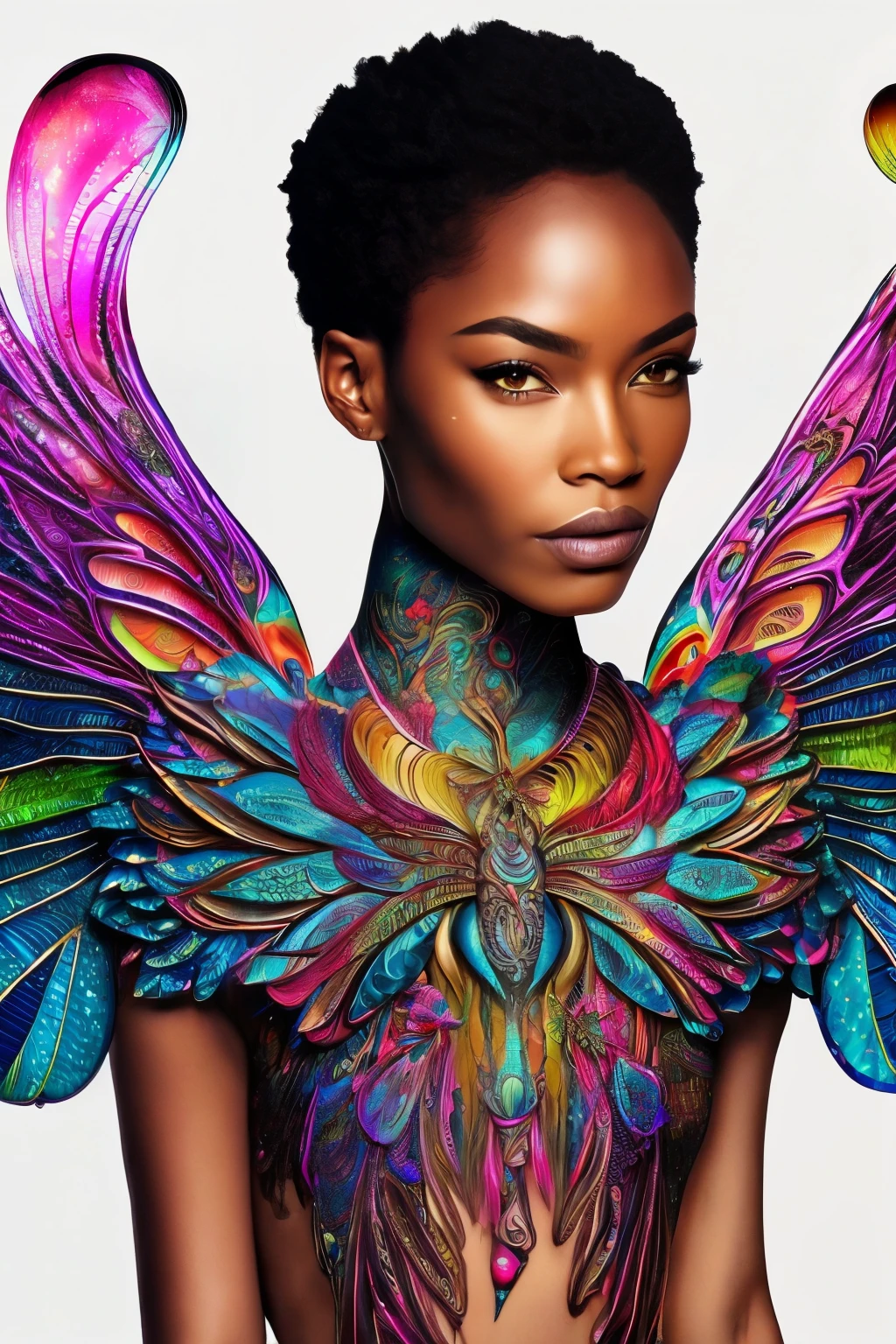In a surreal setting, a dragonfly with iridescent wings flutters around a whole body figure, depicted in a hyperdetailed style. The eyes are ultra detailed, with glowing orbs reflecting intricate patterns, giving an otherworldly allure. The tee-shirt design on the figure is a line art masterpiece, intricately drawn and full of vibrant colors.
The face is a stunningly detailed and gorgeous work of art, with natural skin textures that seem to come alive under the ultra high definition lens. A water splash adorns the left side of the face, creating a color splash art effect that adds to the dreamy, glamourous atmosphere.
