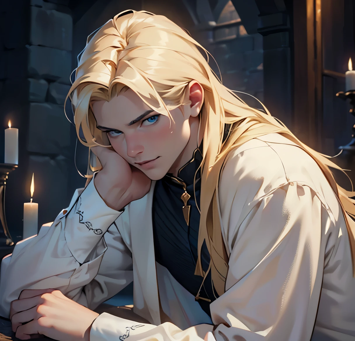 (realistic:1.37,best quality,4k,8k,highres,masterpiece:1.2),ultra-detailed, masculine, a young man with pale skin, blonde and blue eyes, dressed in a medieval vampire outfit with straight hair.