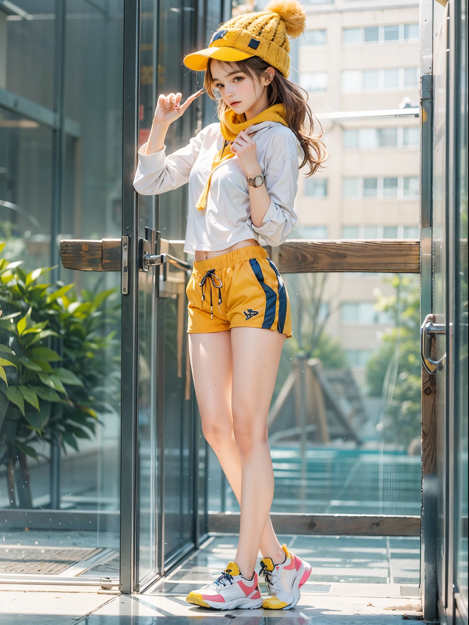 Ùmasterpiece, best quality, realistic, colorful, delicate, sharp focus, (PureErosFace_V1:0.5), (detailed beautiful delicate face, high detailed skin, skiny and thin:1.3), 1girl, 19 years old, tall, (smooth_abs:1.55), (abs:0.5), pretty, masterpiece, (long_skinny_legs), (straight_legs), (skinny_waist), (((fair skin))), white skin, bandeau, (school_uniform:swim_suits:0.5), yellow/pink shorts, chestnut brown hair, looking at viewer, yellow/orange sports shoes, glasses, (Emma_watson), big_breast, swimmer, white knit hat, boxer\