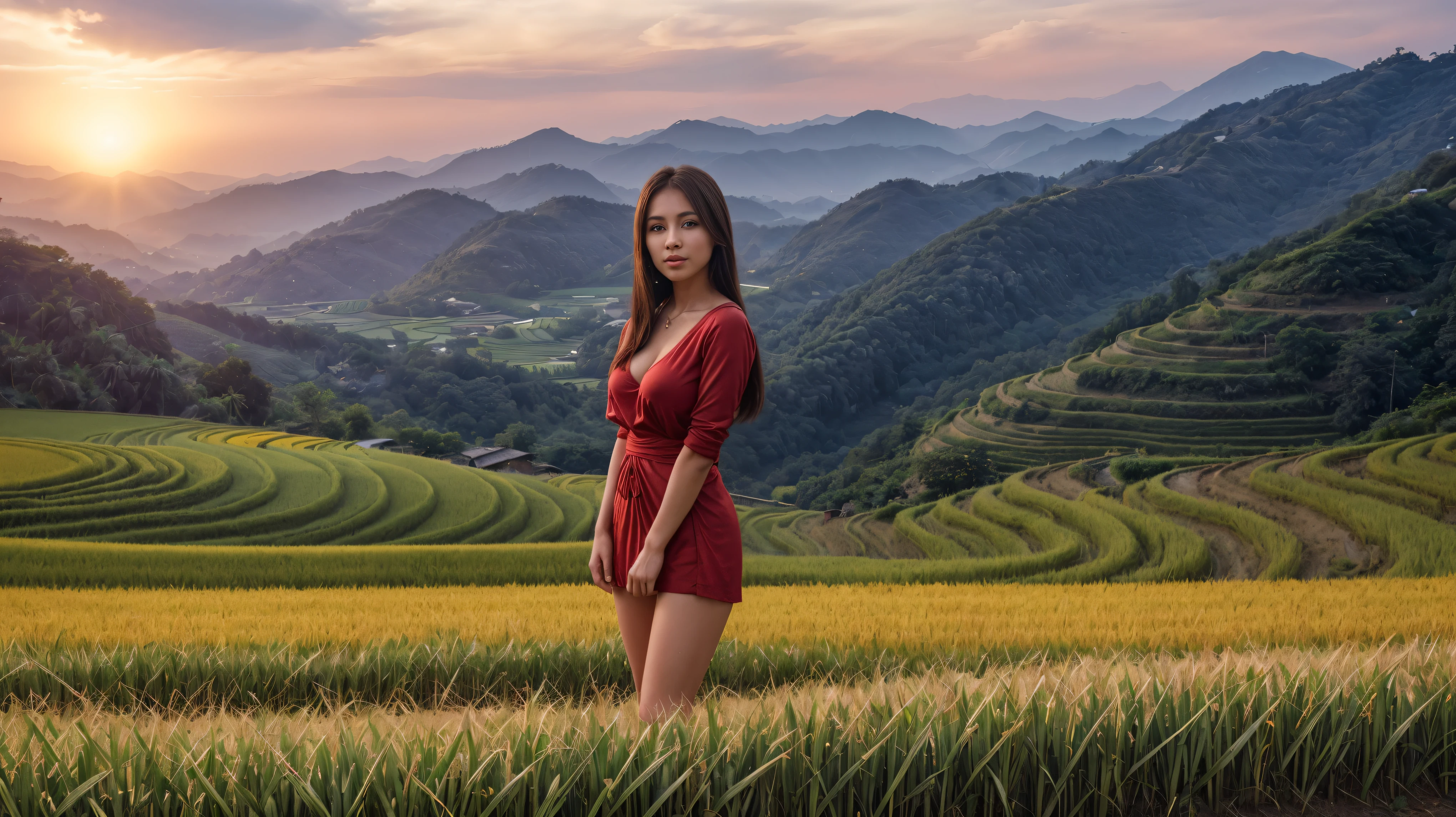 8k, masterpiece, RAW photo, best quality, photorealistic, extremely detailed CG unity 8k wallpaper, Depth of field, Cinematic Light, Lens Flare, Ray tracing, (extremely beautiful face, beautiful lips, beautiful eyes), intricate detail face, ((ultra detailed skin)), ((1girl:1.9)), ((alone:1.9)), ((seductively standing pose)), at sunrise next to the rice fields, deep shadow, sharp focus, [((Raiana-Elizabeth-Dilla:1.9))], pretty girl, (very slim slender fit-muscled body:1.3), ((beautiful legs:1.4)), ((looking at viewer)),(big smile:1), (sexy ((see-through)) ((ultra-short ((red:1.2)) casual-style uniform))), ((picturesque scenery, tranquil setting, awe-inspiring view, tranquil beauty, timeless charm, rural idyll, nature's masterpiece, rural life, peacefulness, quiet solitude, close connection to nature, verdant landscape, life-sustaining crop,serene atmosphere)), (rice fields, peaceful landscape, lush greenery, golden stalks of rice, waving in the breeze, rustic countryside, gentle slopes, terraced fields, traditional farming, vibrant colors, sunrise or sunset casting a warm glow, bountiful harvest, abundance, simplicity, agricultural beauty, organic cultivation, infinite stretch of rice paddies), (blurred background:1.4), beautiful earrings, bracelets, necklace, red pendant, clear eyes, ((tattoos)), (pale skin), (face forward), ((whole-body-view)), ((full-body:1.8, cinematic shot)), soft lighting, (long black hairs), (looking at viewer:1.8), cleavage breasts, (large breasts:1.4), touching the breast, highly detailed, ultra realistic, extremely detailed and realistic ((red:1.2)) clothes.
