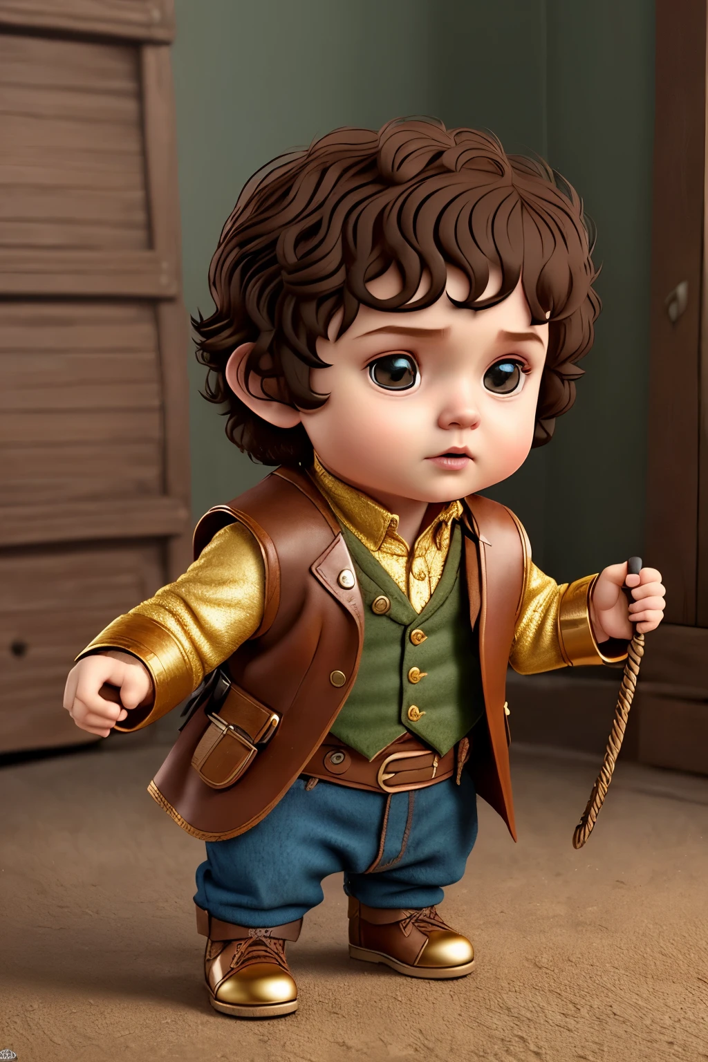 (cbzbb:1.25), portrait of cutest frodo baggins baby illustration, artstation, gold buckles, leather vest, brown shoes with gold buckles, CGI_Animation, 