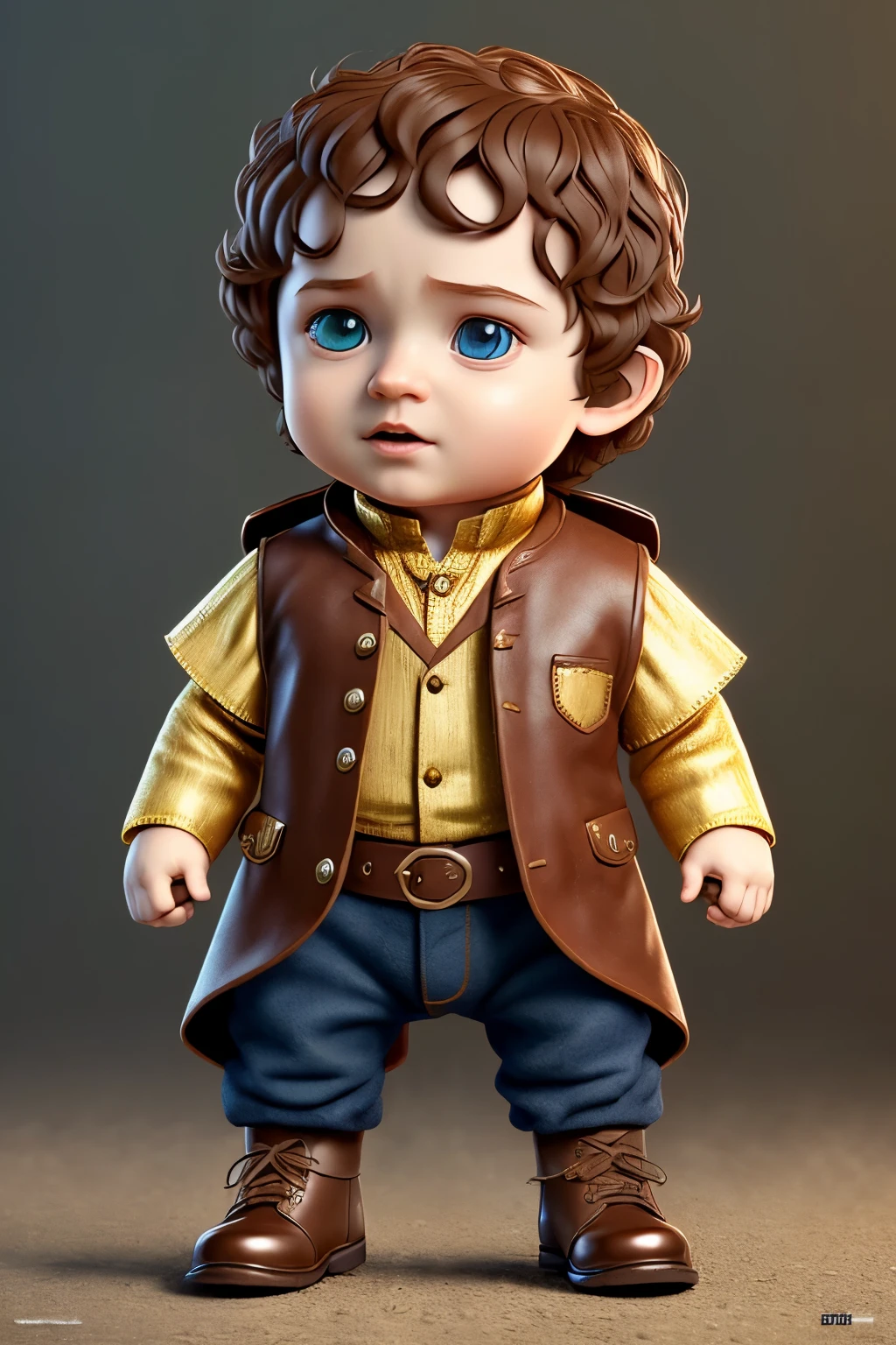(cbzbb:1.25), portrait of cutest frodo baggins illustration, artstation, gold buckles, leather vest, brown shoes with gold buckles, CGI_Animation,