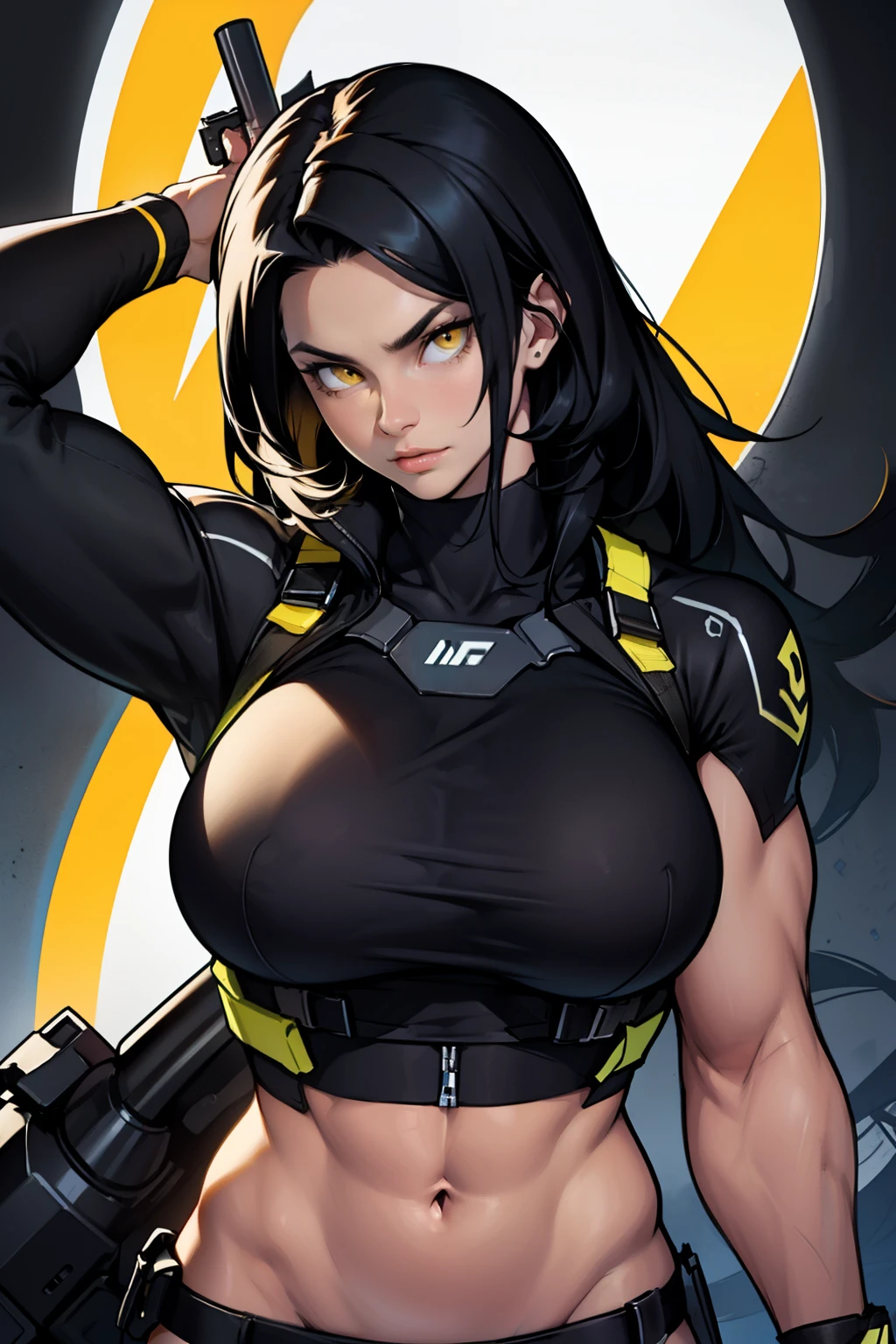 perfect  muscular girl toned body huge breasts black hair yellow eyes solo pale  EXPRESSION