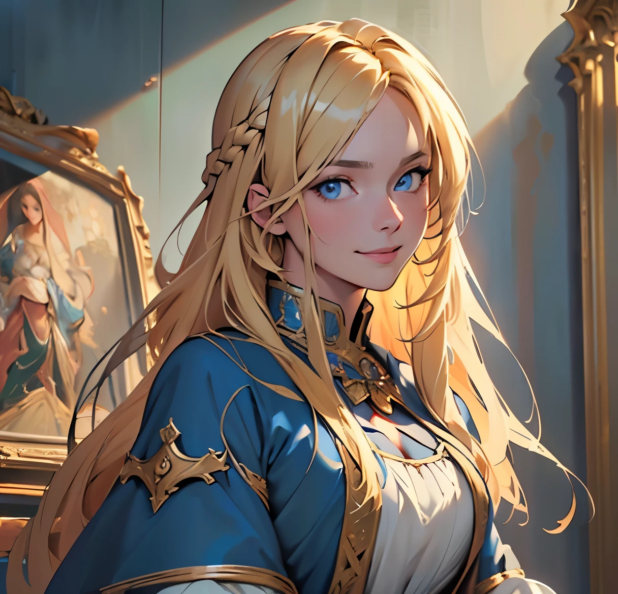 (blond, long hair), (blue eyes:1.1), gentle smile, female, (medieval dress:1.1), smooth skin, (slim figure), (thighs emphasized:1.1), (best quality, highres), portrait. (best quality,4k,8k,highres,masterpiece:1.7), adult.