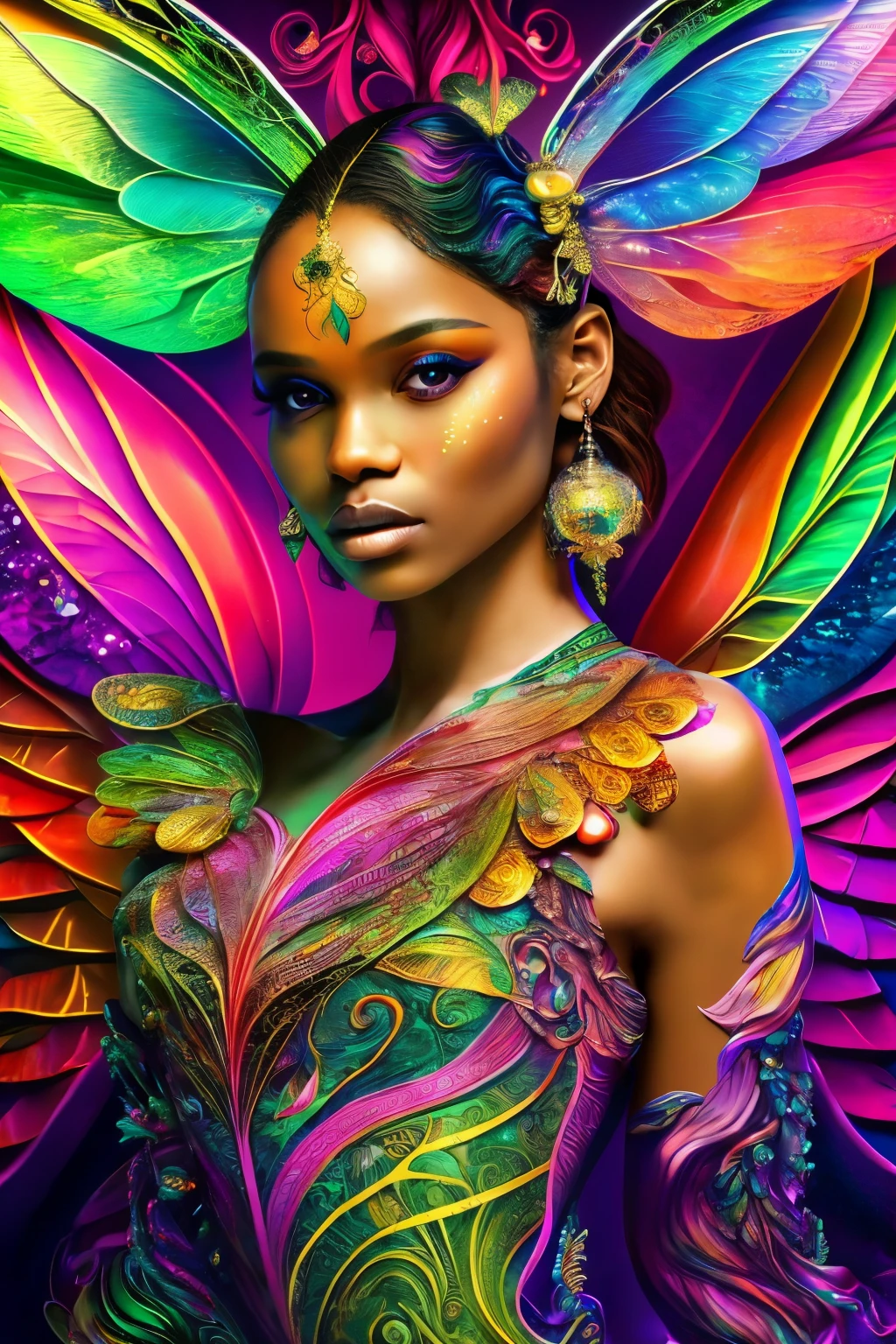 In a surreal setting, a dragonfly with iridescent wings flutters around a whole body figure, depicted in a hyperdetailed style. The eyes are ultra detailed, with glowing orbs reflecting intricate patterns, giving an otherworldly allure. The tee-shirt design on the figure is a line art masterpiece, intricately drawn and full of vibrant colors.

The face is a stunningly detailed and gorgeous work of art, with natural skin textures that seem to come alive under the ultra high definition lens. A water splash adorns the left side of the face, creating a color splash art effect that adds to the dreamy, glamourous atmosphere.
