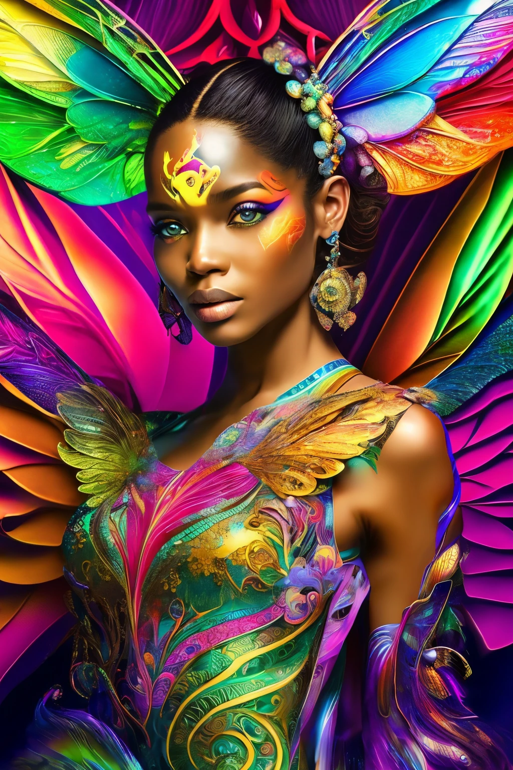 In a surreal setting, a dragonfly with iridescent wings flutters around a whole body figure, depicted in a hyperdetailed style. The eyes are ultra detailed, with glowing orbs reflecting intricate patterns, giving an otherworldly allure. The tee-shirt design on the figure is a line art masterpiece, intricately drawn and full of vibrant colors.
The face is a stunningly detailed and gorgeous work of art, with natural skin textures that seem to come alive under the ultra high definition lens. A water splash adorns the left side of the face, creating a color splash art effect that adds to the dreamy, glamourous atmosphere.