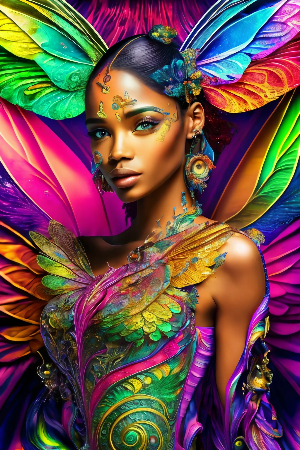 A woman with colorful wings and a colorful dress - SeaArt AI