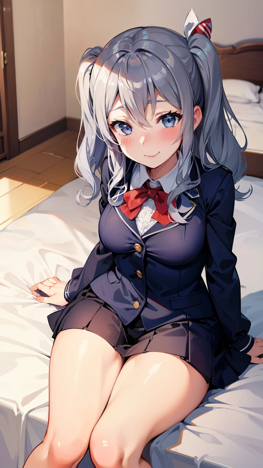 kashima(kancolle),on bed,sitting,blue eyes,smile,silver hair,blush