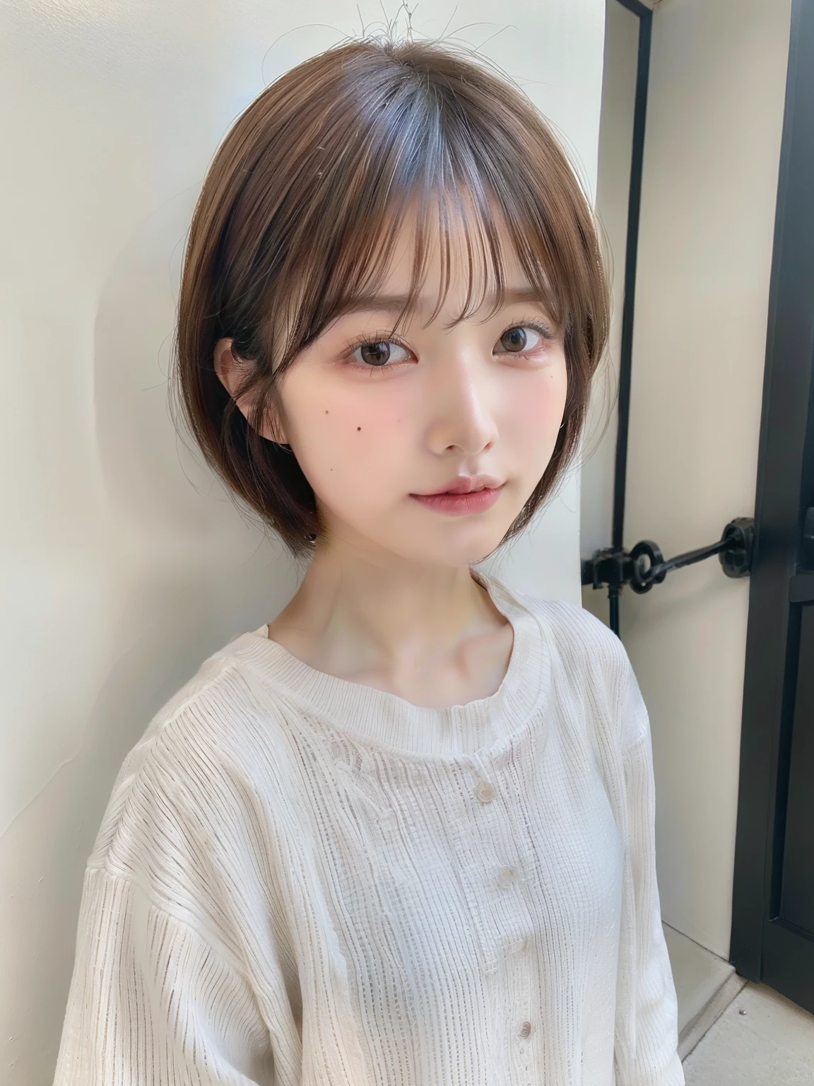 ((highest quality,8K,highly detailed eyes,super detailed nose,)),detailed eye,,shortcut,very cute,,、skin that looks real、realistic eyes、I wear clothes、デートのI wear clothes、Spring clothes、long sleeve shirt、white wall、Taken in front of the white door