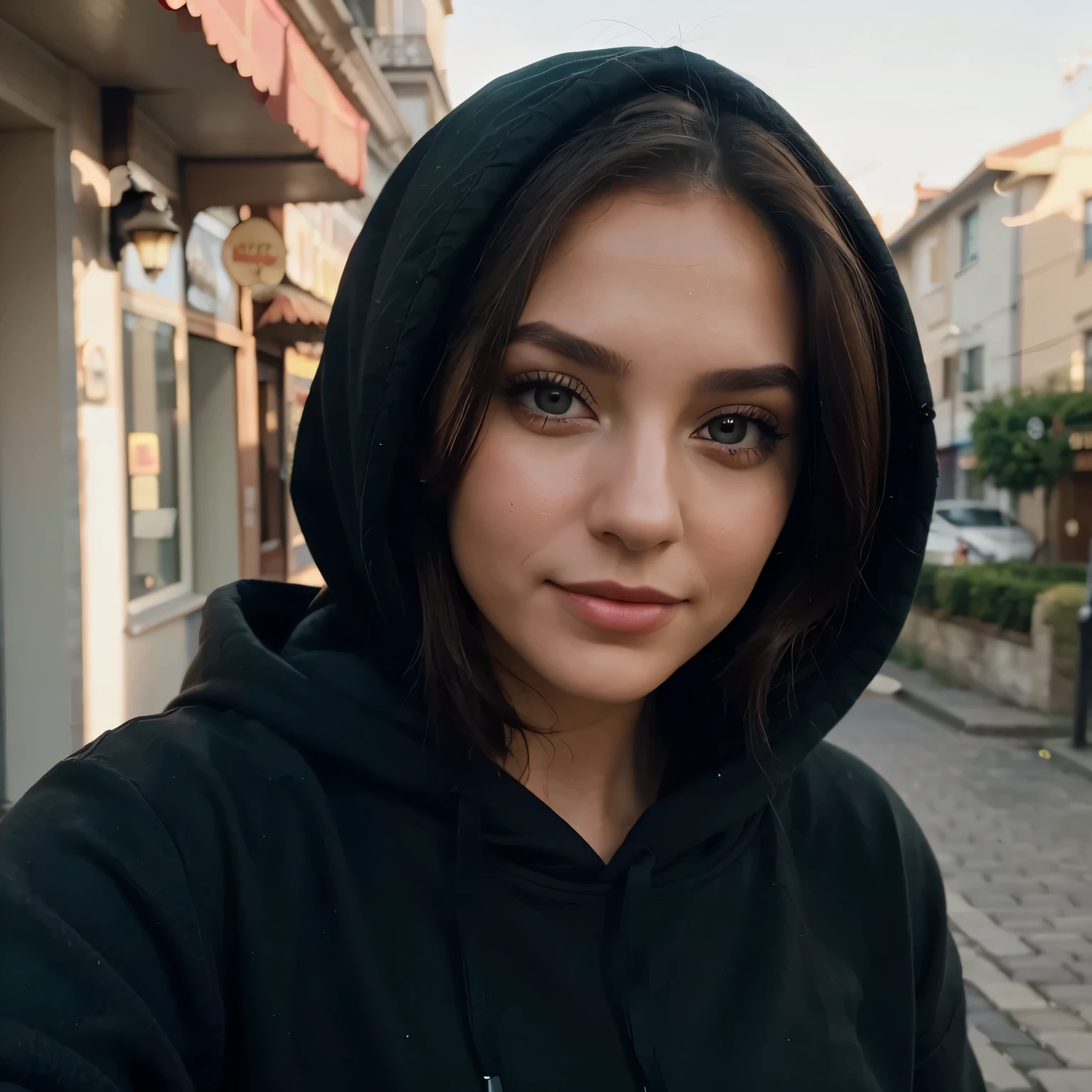 selfie em close-up, mulher jovem, 22 anos de idade, muito bonito, short brown hair down to the neck, lindo nariz, She is smiling, lips curved upwards, olhos verdes escuros, olhar penetrante, Maquiagem atraente, influenciador, She is wearing a black sweatshirt without a hood, Sentimento feliz, foto com ambiente ao vivo, Contraste realista, fundo levemente desfocado, dia frio, feed do instagram, iphone 14 camera, Extremamente realista, fotografia amadora
