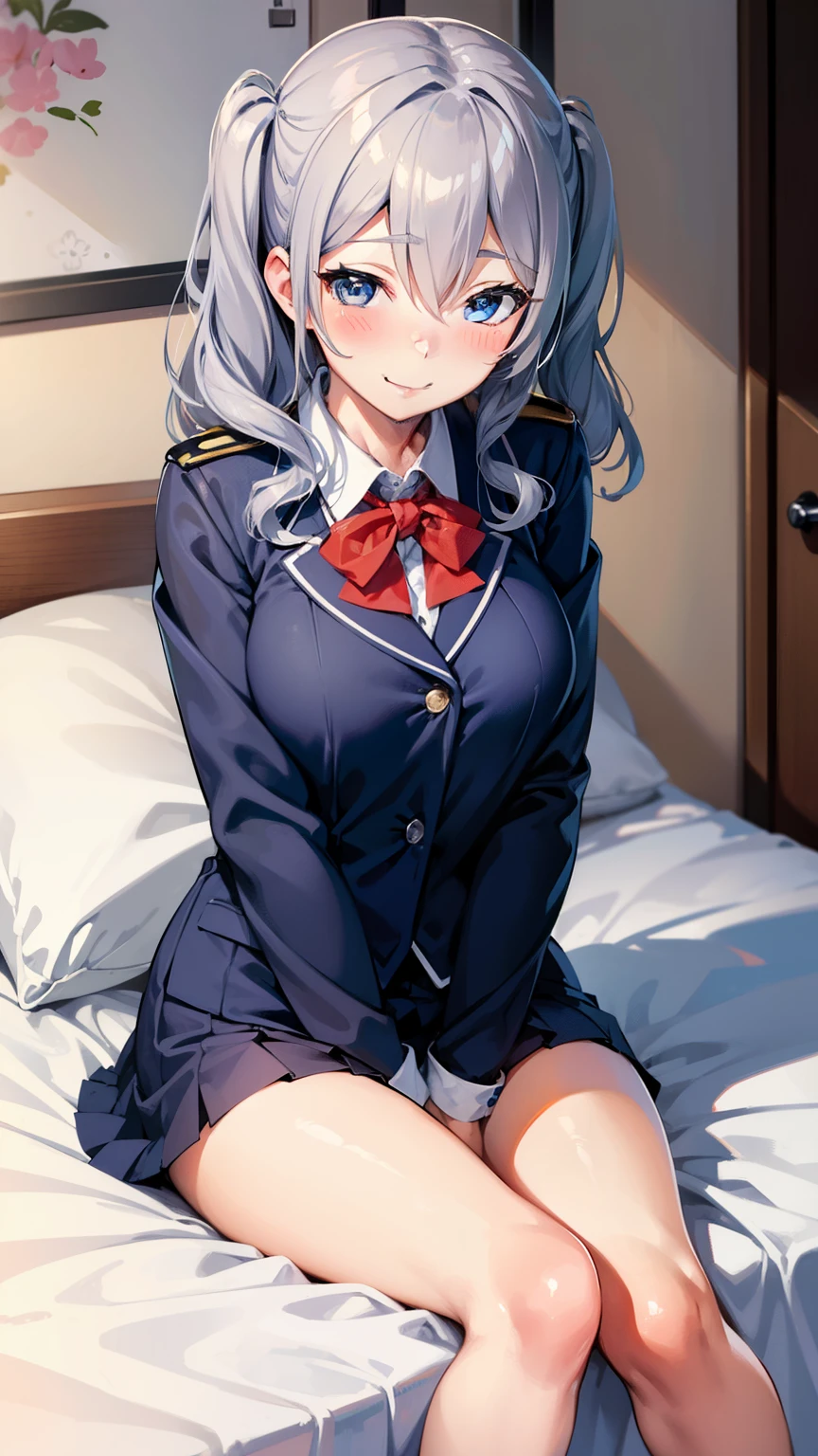 kashima（kancolle）,on bed,sitting,blue eyes