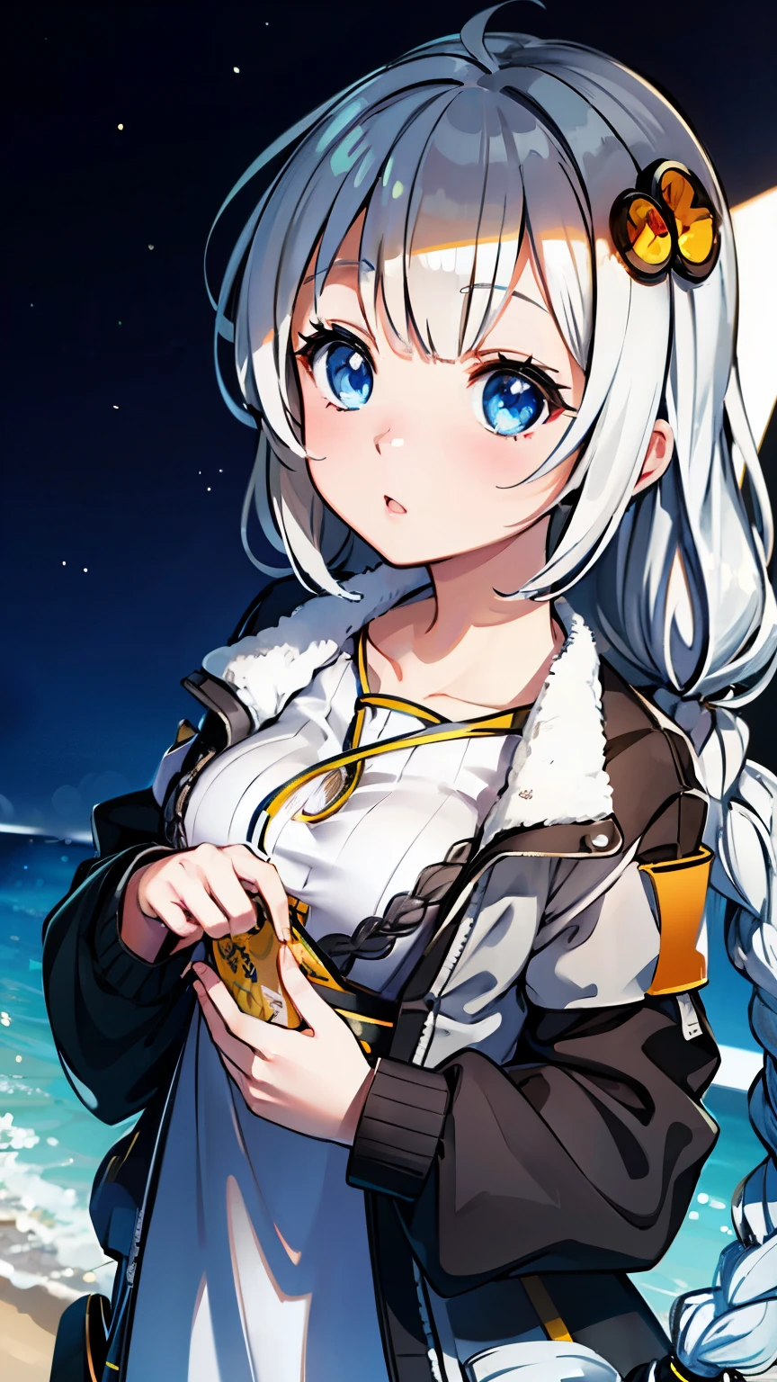 Vivid colors, ultra-realistic shading, ultra-detailed, spectacular view, beautiful transparency, ultra-high quality, extended, ((layer added 2.7)), vivid, ultra-bright colors 1.5, (high-definition CG unity 8k wallpaper: 1.3 ), beautiful ultra-sensitive art concept illustration, center color: 1.2 , nsfw, (logic frenzy), [ultra-detailed skin], glossy light, lens flare 1.7, (backlight 0.9), Extremely close-up, slight bokeh , 1 girl, 1, k((((Akari Kizuna), (VOCALOID 1.2), (silver hair 1.2), (very long hair), (big braids 1.8), (round hair ornament), (blue eyes ), (eyeline 1.2)))), wearing a hat (cap), big black jacket, beautiful big eyes, sparkling eyes, asking a question
