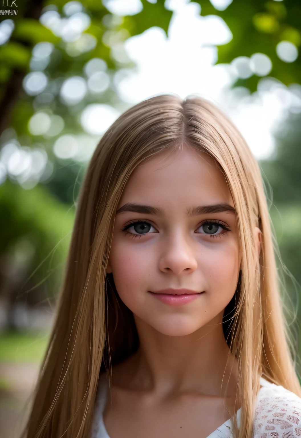  girl 12 yeblonde g, com franja no cabelo. green background.