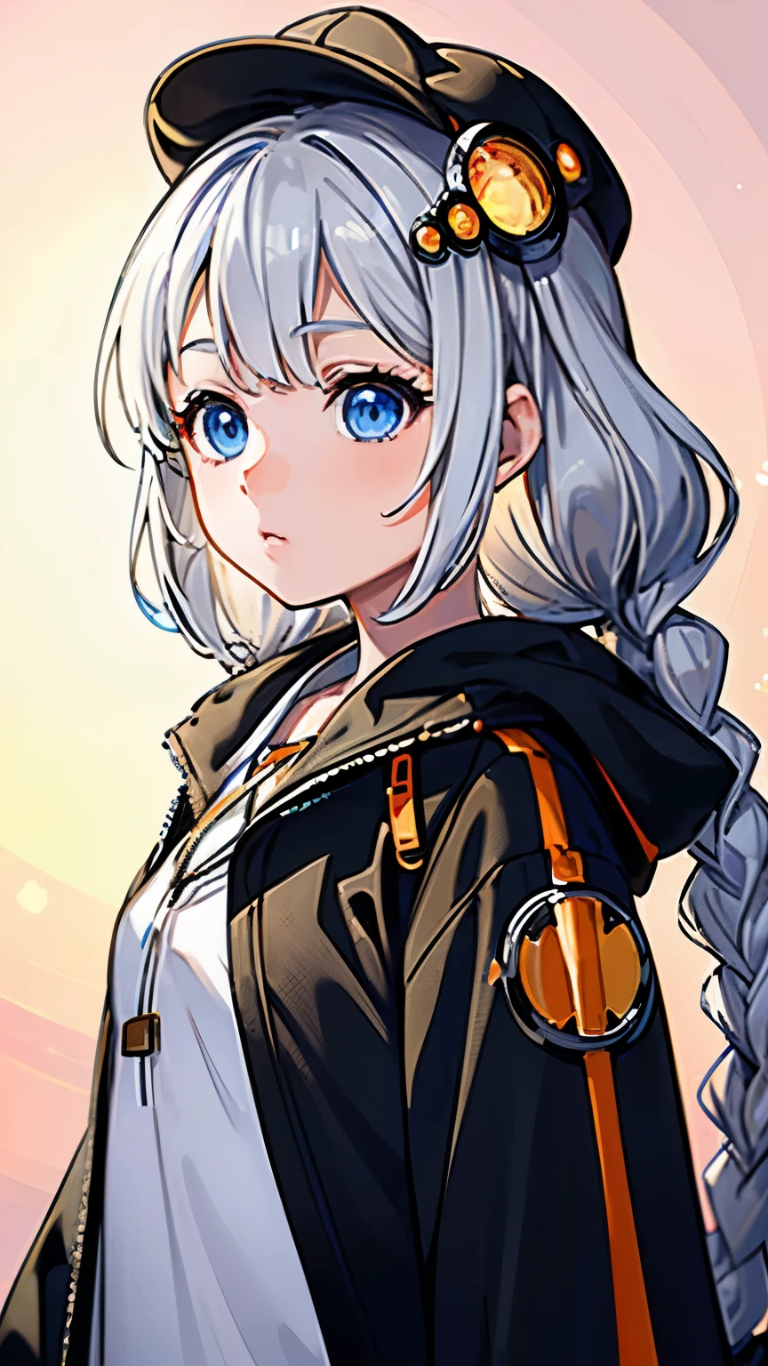 Vivid colors, ultra-realistic shading, ultra-detailed, spectacular view, beautiful transparency, ultra-high quality, extended, ((layer added 2.7)), vivid, ultra-bright colors 1.5, (high-definition CG unity 8k wallpaper: 1.3 ), beautiful ultra-sensitive art concept illustration, center color: 1.2 , nsfw, (logic frenzy), [ultra-detailed skin], glossy light, lens flare 1.7, (backlight 0.9), Extremely close-up, slight bokeh , 1 girl, 1, k((((Akari Kizuna), (VOCALOID 1.2), (silver hair 1.2), (very long hair), (big braids 1.8), (round hair ornament), (blue eyes ), (eyeline 1.2)))), wearing a hat (cap), big black jacket, beautiful big eyes, sparkling eyes, asking a question
