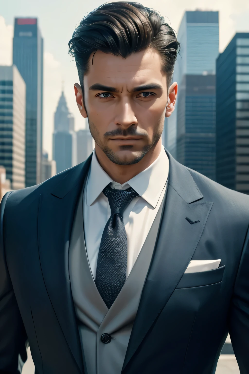 (melhor qualidade, 4k, 8k, high resolution, obra de arte:1.2), ultra-detalhado, realista:1.37, a man in a suit and tie 8k cinematic, sharp focus, cores vibrantes, studio lighting, photorealista, Detailed face and facial expression, Elegante e confiante, urban background with tall buildings, Dynamic Posture, elegant watch, extraordinary attention to clothing textures, Impeccable preparation, Contraste impressionante, fotografia profissional, estilo de arte moderna