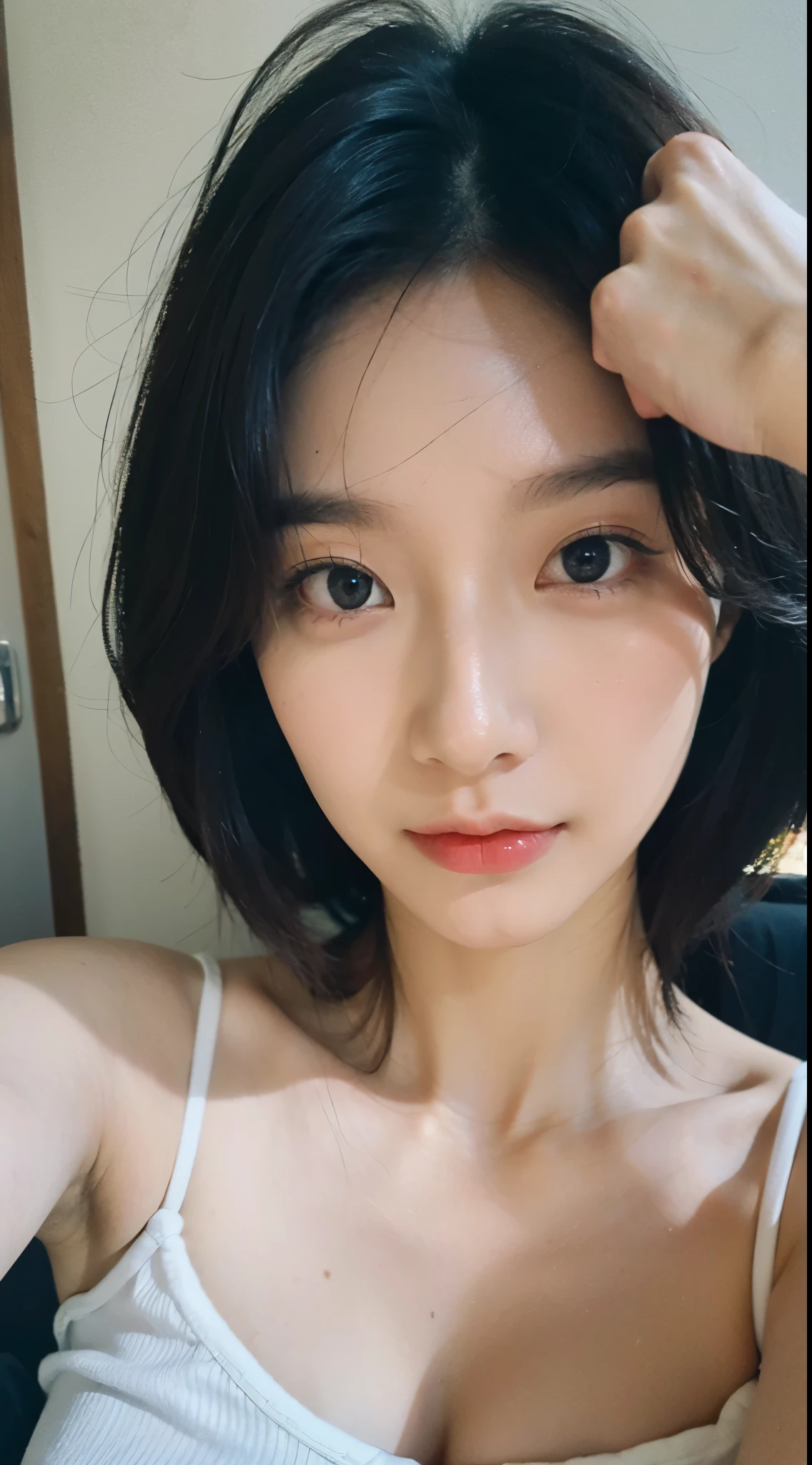 25-year-old Korean, Beautiful Face, smile, K-POPアイドル、（Completely naked），（nsfw）、No makeup、(The background is blue smoke)、(She has no makeup)、Short one-length hair,((Lighting on face:1.5)),