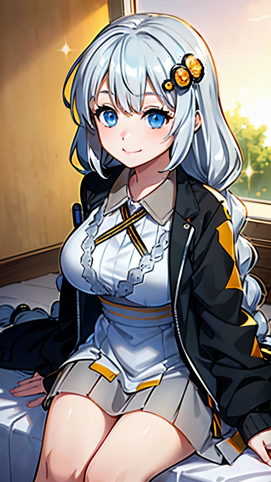 Vivid colors, ultra-realistic shading, ultra-detailed, spectacular view, beautiful transparency, ultra-high quality, extended, ((layer added 2.7)), vivid, ultra-bright colors 1.5, (high-definition CG unity 8k wallpaper: 1.3 ), beautiful ultra-sensitive art concept illustration, center color: 1.2 , (logic frenzy), [ultra-detailed skin], glossy light, lens flare 1.7, (backlight 0.9), Extremely close-up, slight bokeh , 1 girl, 1, k((((Akari Kizuna), (VOCALOID 1.2), (silver hair 1.2), (very long hair), (big braids 1.8), (round hair ornament), (blue eyes ), (eyeline 1.2)))), wearing a hat (cap), big black jacket, beautiful big eyes, sparkling eyes, indoor , bed, sitting, seductive smile
