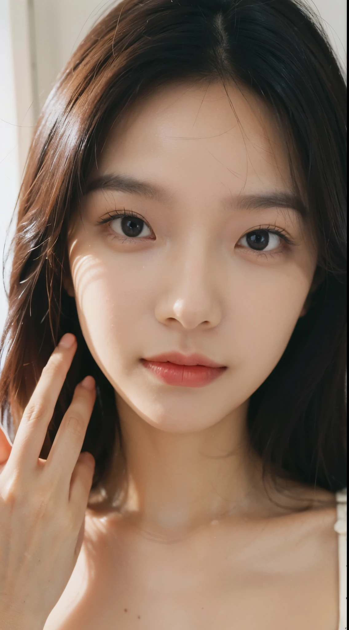 Woman looking at camera、Beauty、no makeup、No makeup、Take a selfie with your phone、close up of face、influencer、Instagram
