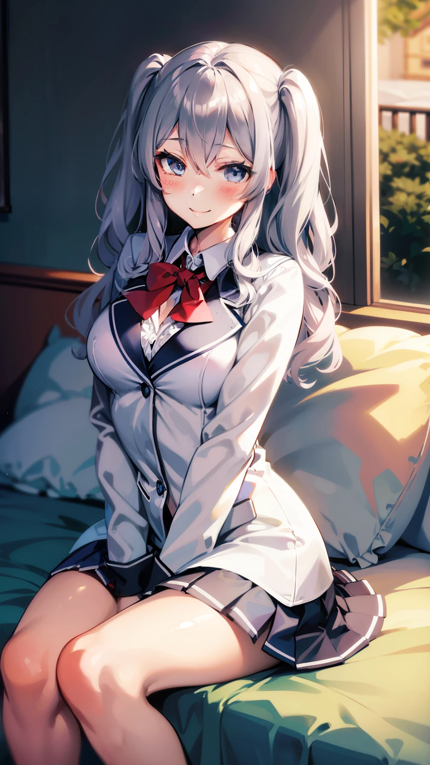 kashima(kancolle),on bed,sitting,blue eyes,smile,silver hair,blush