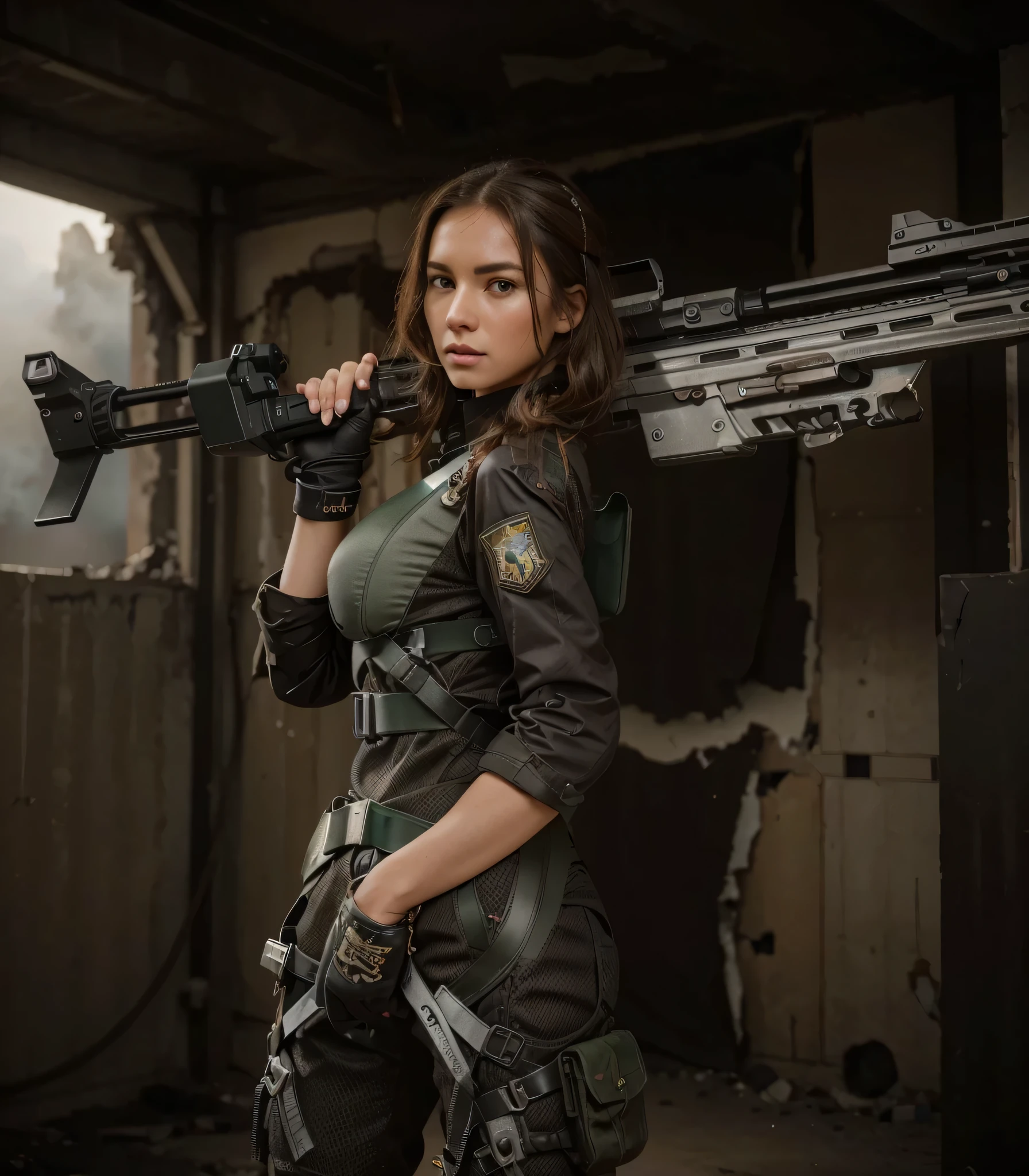 mujer hermosa, French features, piel blanca, By the chestnut, delgado, Viste un moderno uniforme militar de neopreno gris verdoso con placa de metal., belt with holster and ammunition, Arneses, holds a heavy laser weapon, is in a destroyed asian city, fuego y mucho humo, ultra detallado, hyper Realista, 4k, ultra detallado image, Realista, Muy detallado, perfect composition, gorgeous, Intrincadamente detallado, incredibly detailed, 8 k artistic photography, hiper detallado, obra maestra, ultra detallado, hyper Realista, 4k, ultra detallado image, Realista, muy detallado, perfect composition, gorgeous, Intrincadamente detallado, incredibly detailed, 8 k artistic photography, hiper detallado, obra maestra