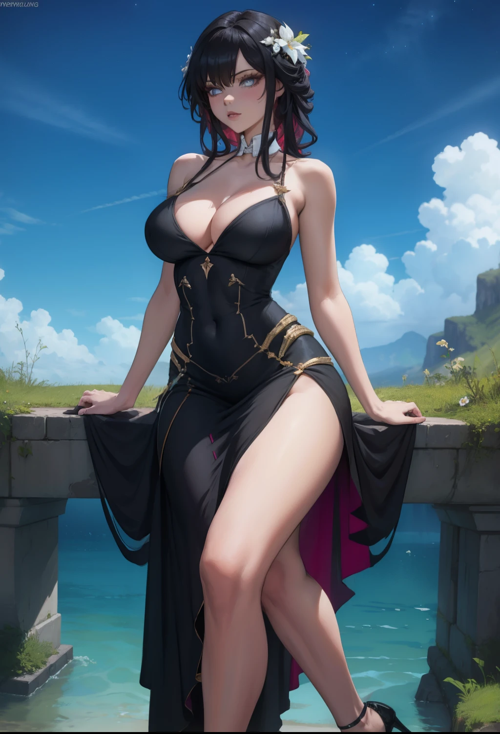 1 milf,high heels, bare legs, sitting, sky, crossed legs, dress, long hair, black hair, solo, breasts, legs, night, blue eyes, water, bare shoulders, cloud, blue dress, full body, cleavage, large breasts, flower, night sky, hair ornament, rock, branch,(tall:1.5),(narrow waist:1.2),(model:1.5),glamor,slender,,