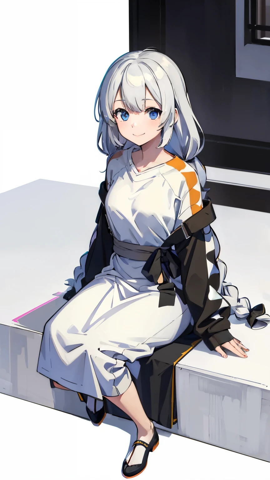 masterpiece,best quality,highres,ultra-detailed,bbakari,blue eyes,long hair,ahoge,twin braids,white shirt,long sleeves,long skirt,smile,hoodie, overskirt, black footwear,sitting