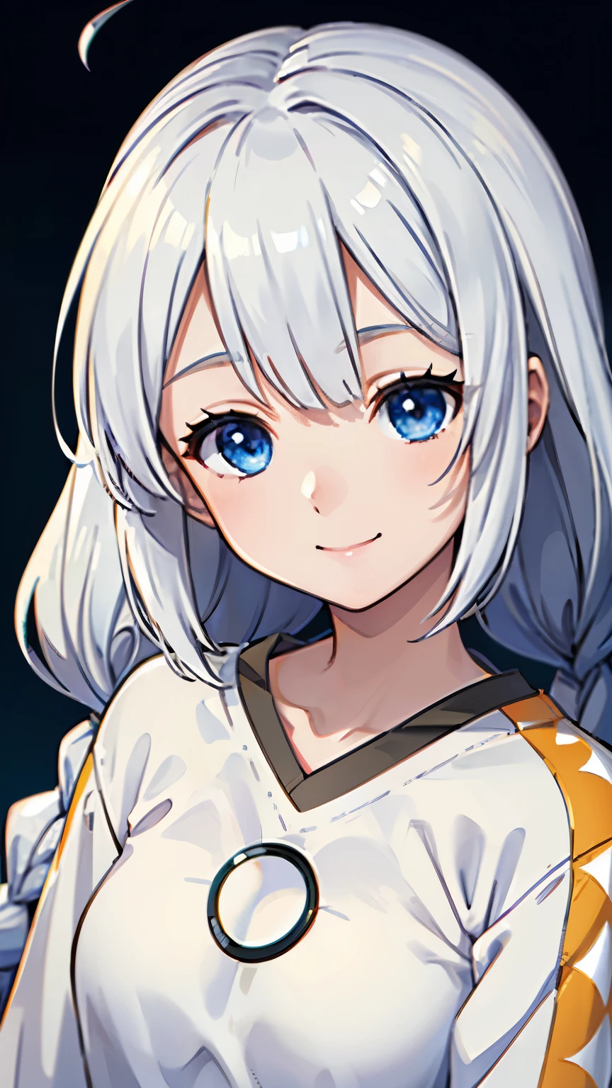 masterpiece,best quality,highres,ultra-detailed,bbakari,blue eyes,long hair,ahoge,twin braids,white shirt,long sleeves,smile,high school student,