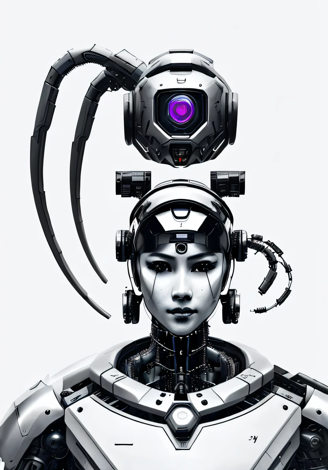 a black and white photo of a robot with a face, portrait of a cyberpunk machine, portrait of a mech, detailed portrait of a cyborg, by Russell Dongjun Lu, portrait of a robot, humanoid portrait, cyborg portrait, portrait of a cyborg, robot portrait, portrait of a futuristic robot, intricate cyborg, detailed humanoid, deep cyberpunk mechanoid