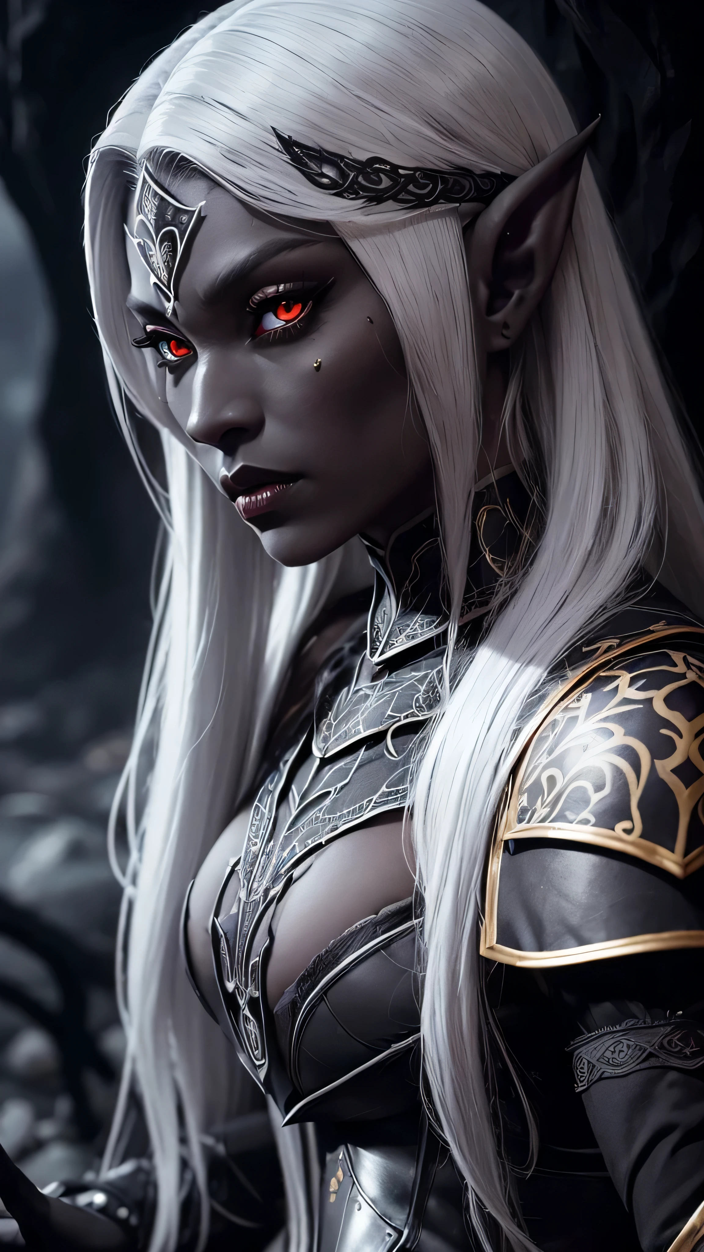 ((best quality: 1.5)) ((masterpiece: 0.8)), intricate details, sharp focus, professional, real life, realistic representation of the face, dim lighting, flickering shadow, side view: 1.5, dynamic pose, in the style of realistic and hyper detailed renderings BREAK ((((detailed 30year ((graphite skin drow elf , blackout gothic eye makeup, cavern, lacquered black knight armor, gold filigree breastplate, red lips, weak chin, exotic, muscular, (glowing white eyes))))), long white hair), freckles: 1.3), photorealistic, hyper-realistic, 8K